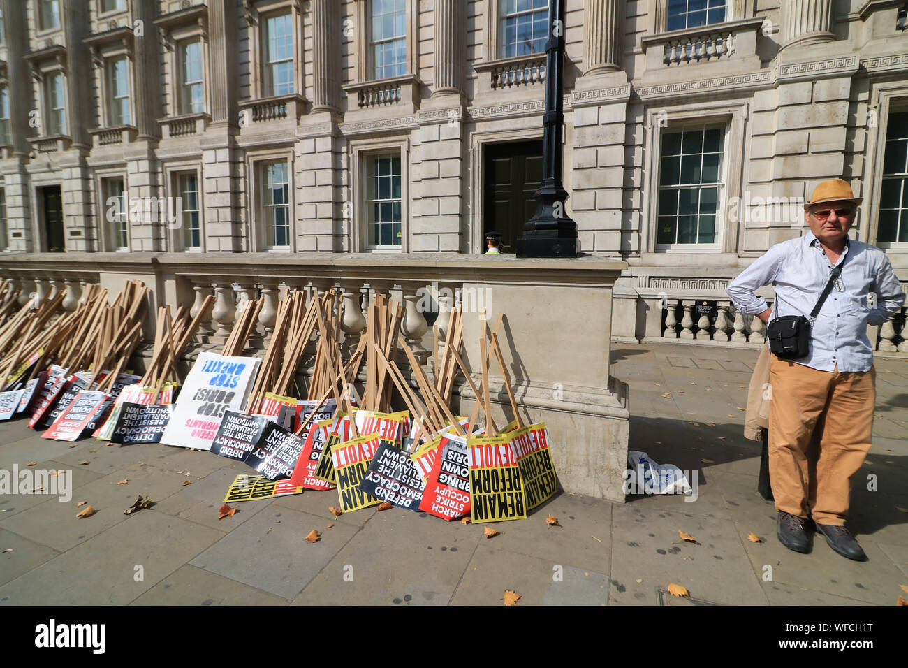 London, UK. 31st August 2019. Placards by Pro Remain supporters and activists  as they begin to  gather outside Downing  and Whitehall  to protest against the decision by the government to suspend Parliament from 9 September to 14 October  by Prime Minister Boris Johnson Credit: amer ghazzal/Alamy Live News Stock Photo