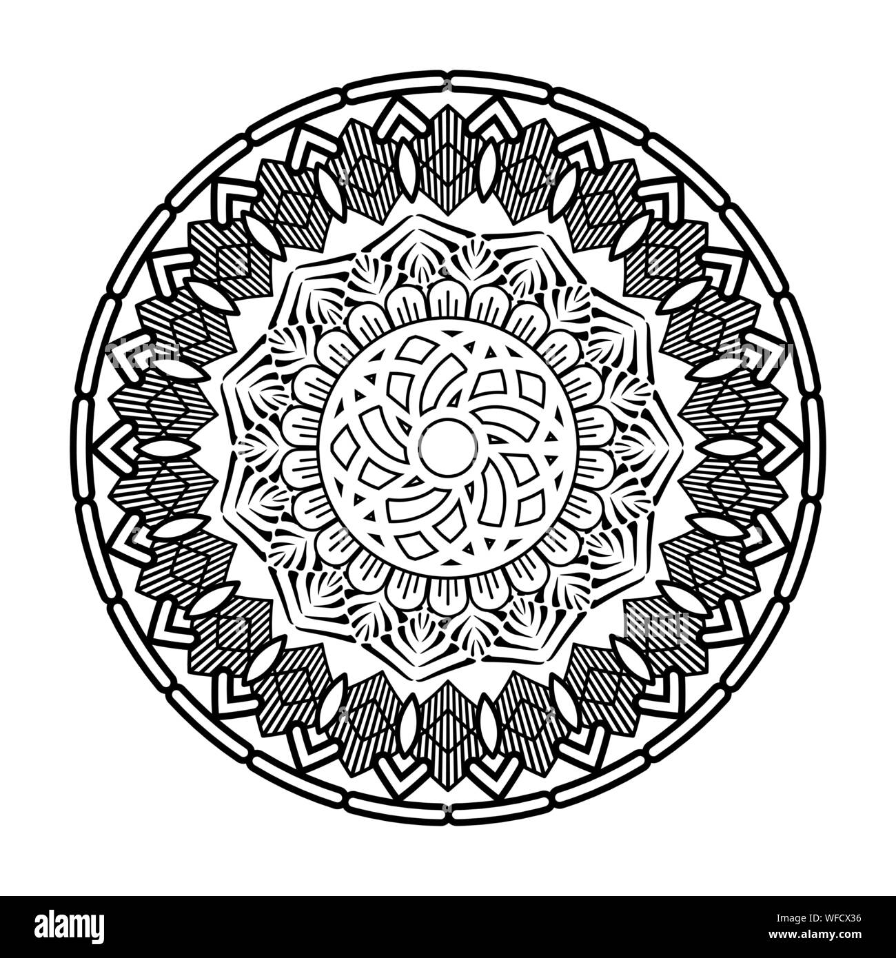 Flower mandala vector illustration. Adult coloring page. Circular abstract floral oriental pattern, vintage decorative elements. Isolated on white background Stock Vector