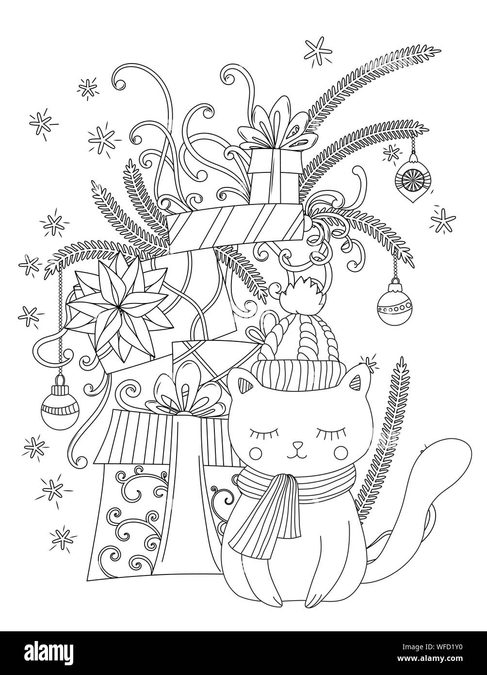Christmas coloring page for kids and adults. Cute cat with scarf and knitted cap. Pile of holiday presents. Hand drawn vector illustration. Stock Vector