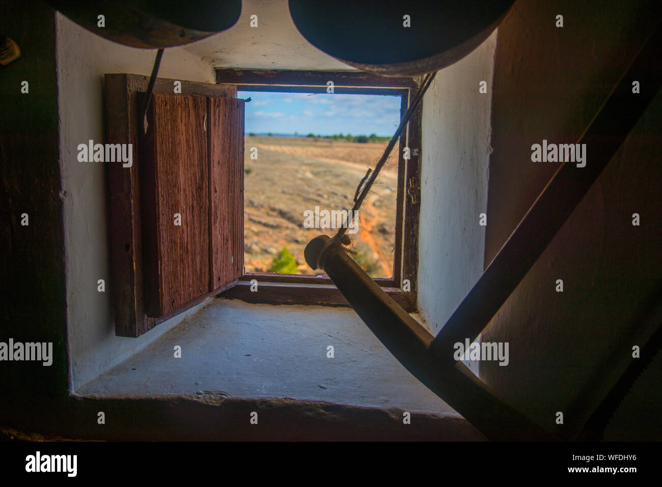 View through a windmill window. Mota del Cuervo, Cuenca province, Castilla La Mancha, Spain. Stock Photo