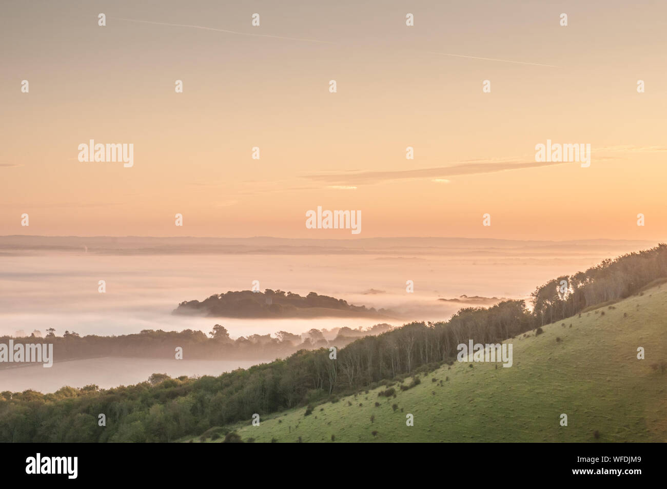 Firle, Lewes, East Sussex, UK..31st August 2019..Tranquil ethereal scene as early morning mist envelopes the countryside. . Stock Photo