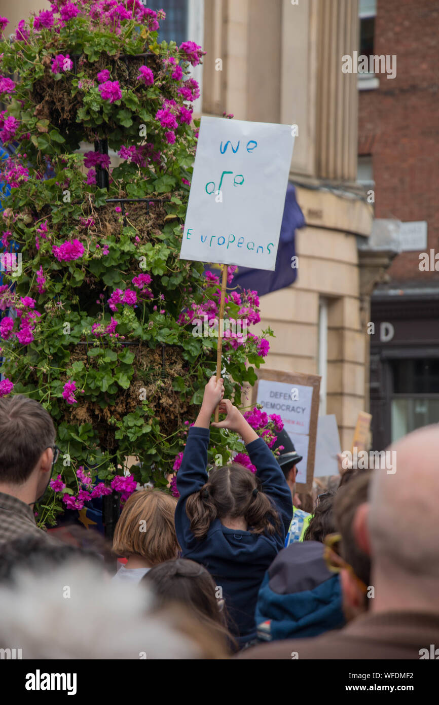 Girl holding 'We are Europeans' placard at pro-democracy march in York, UK, 31 August 2019 Stock Photo