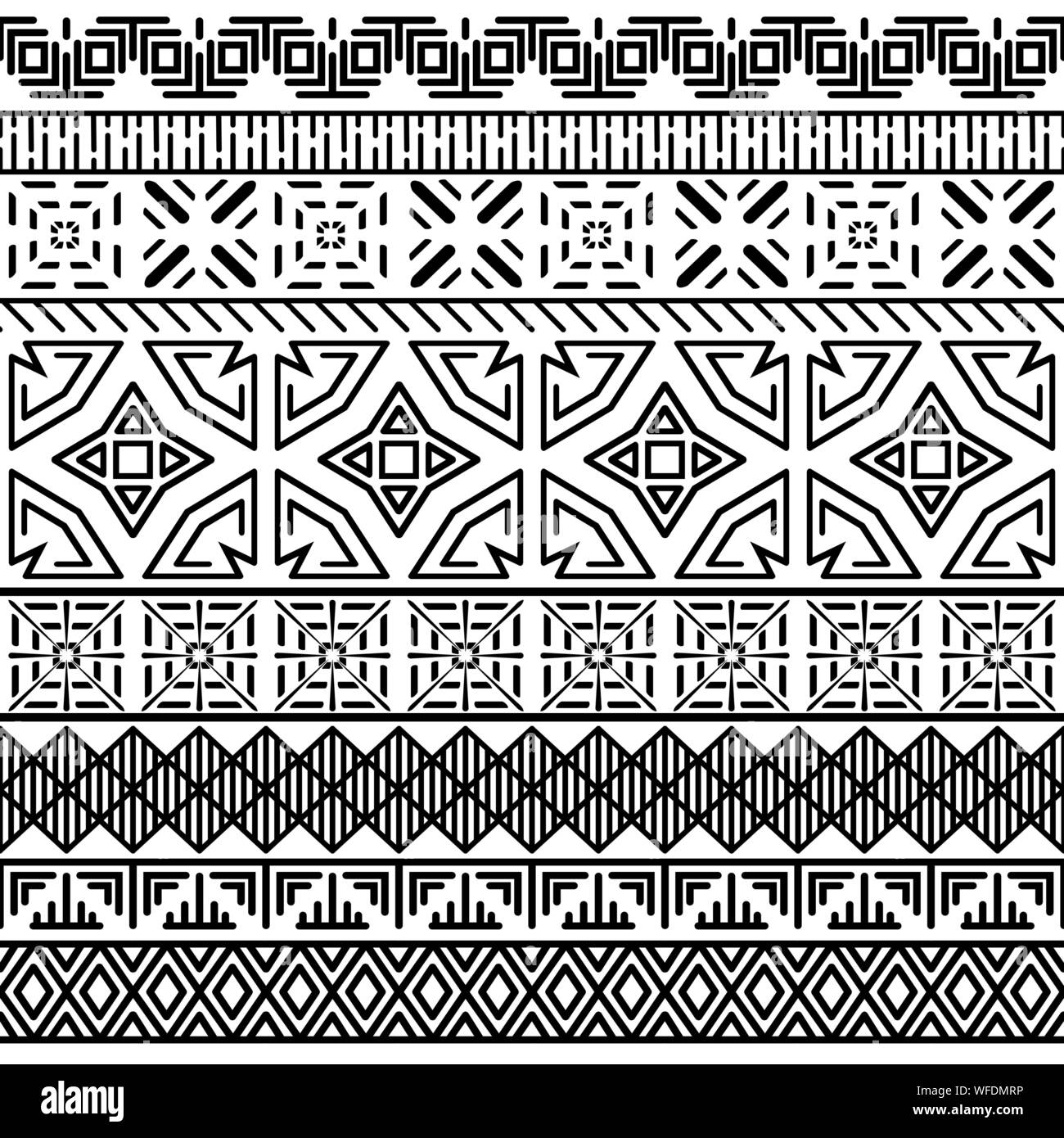 Tribal ethnic seamless pattern. Black and white geometric ornament. Abstract monochrome background. Textile design. Vector illustration. Stock Vector