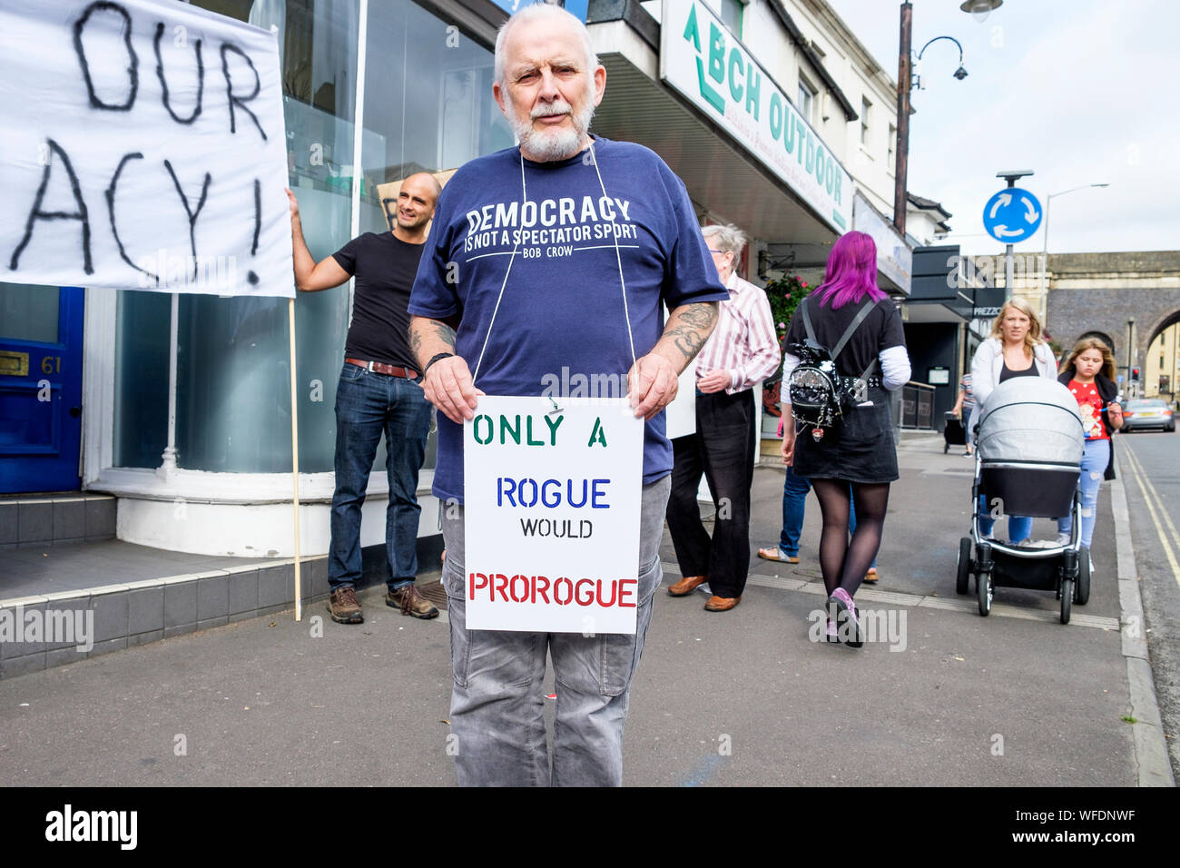 Chippenham, Wiltshire, UK. 31 August, 2019. A protester holding an anti prorogue sign is pictured as he protests outside the Chippenham offices of Michelle Donelan, the Conservative MP for Chippenham. The protest against Boris Johnson's decision to prorogue Parliament was organised by the Chippenham constituency Labour Party. Credit: Lynchpics/Alamy Live News Stock Photo