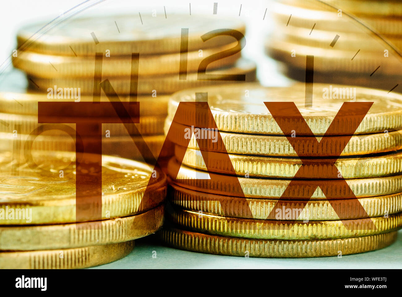 Gold coins tax concept with overlaid clock marking the deadline for payment and submission Stock