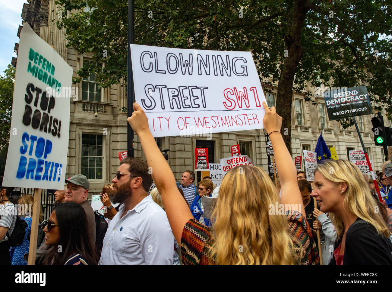UK. 31st Aug, 2019. Demonstrators in Whitehall protesting against the Government's decision to prorogue Parliament which gives very little time for debate ahead of the October 31st dealine to leave the European Union. The 'Stop the Coup' movement protesting at the gates of 10 Downing Street. Credit: Tommy London/Alamy Live News Stock Photo