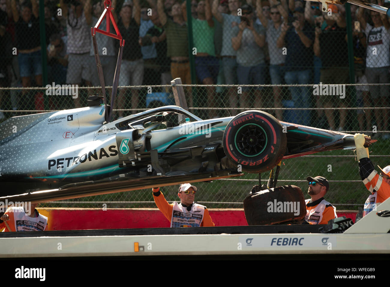 Stavelot, Belgium. 31st Aug, 2019. Aftermath of Lewis Hamilton, #44, crash in free practice 3 at the Belgian Grand Prix, Spa Francorchamps, as his Mercedes is pulled from the catch barriers. Credit: Will Broadhead/Alamy Live News Stock Photo