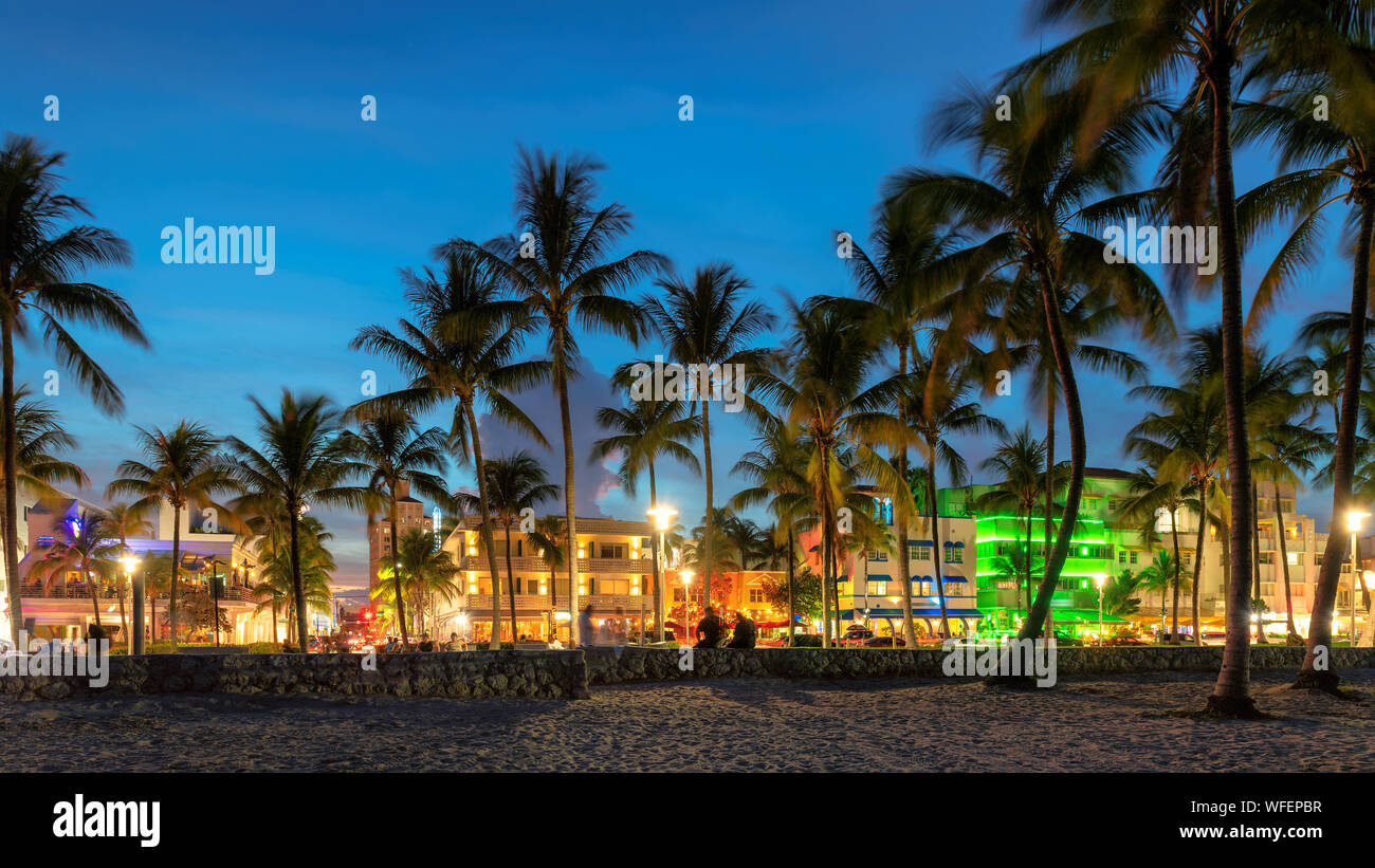 Miami Beach at sunset, Ocean Drive, Florida Stock Photo