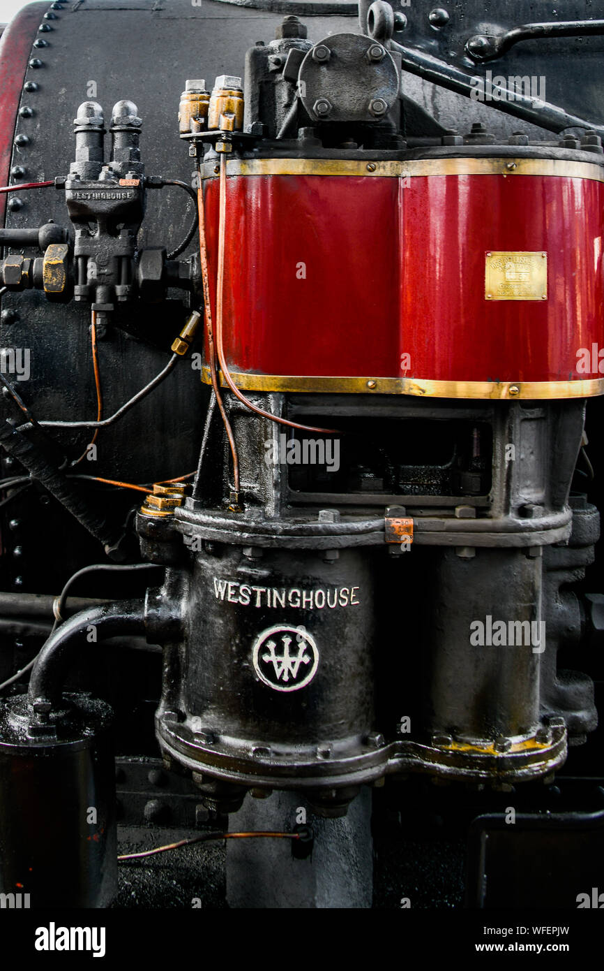 K190 Red Steam Train at Victorian Era Geelong Train Station Melbourne Victoria Australia, Westinghouse Air Water Pump Compressor Stock Photo