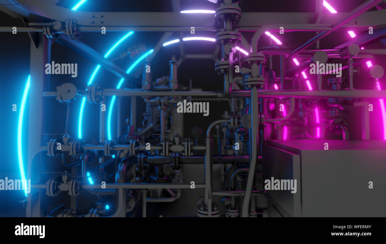 Abstract Industrial Equipment with Neon Lights. Ultraviolet light. 3D