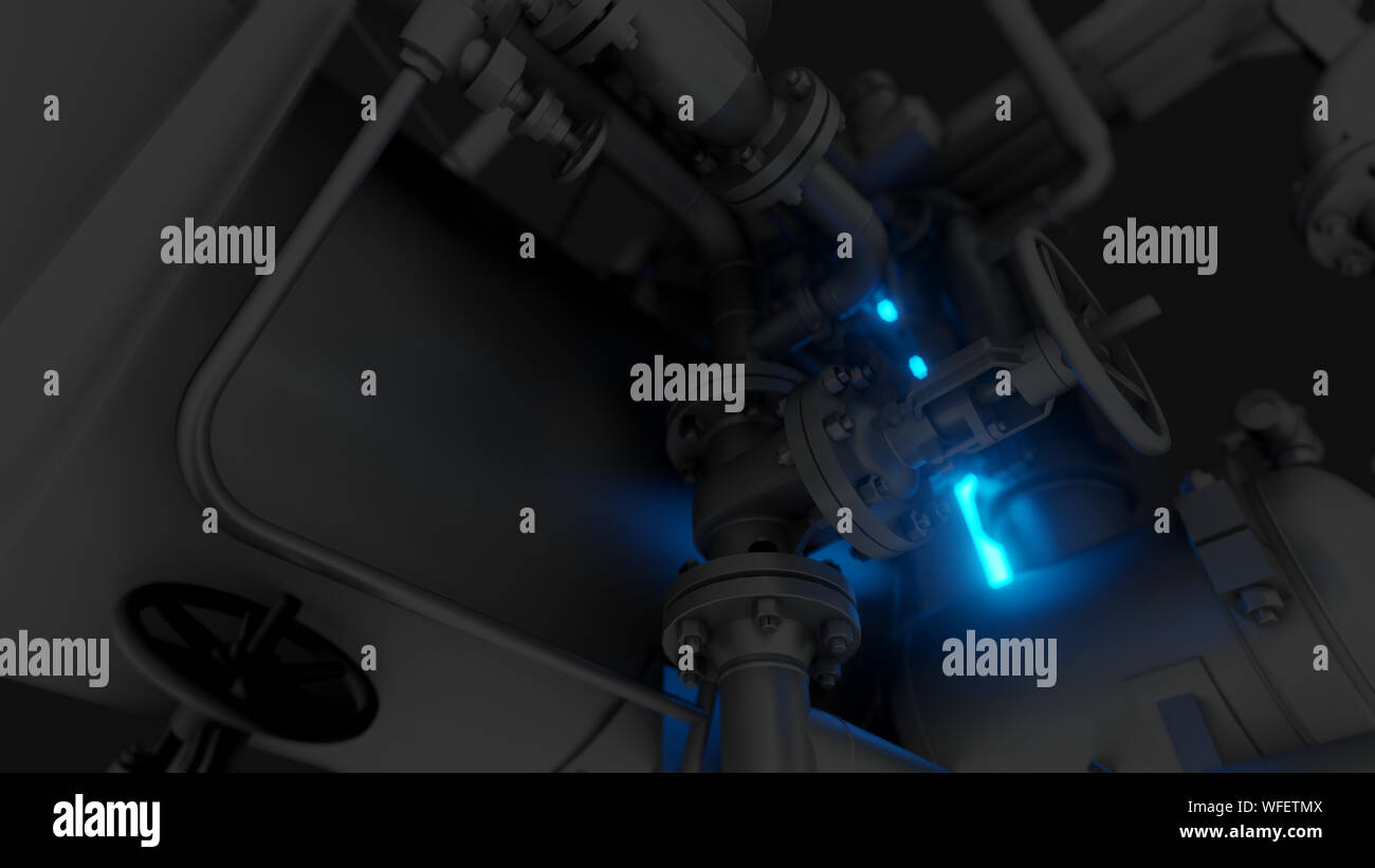 Abstract Industrial Equipment with Neon Lights. Ultraviolet light. 3D