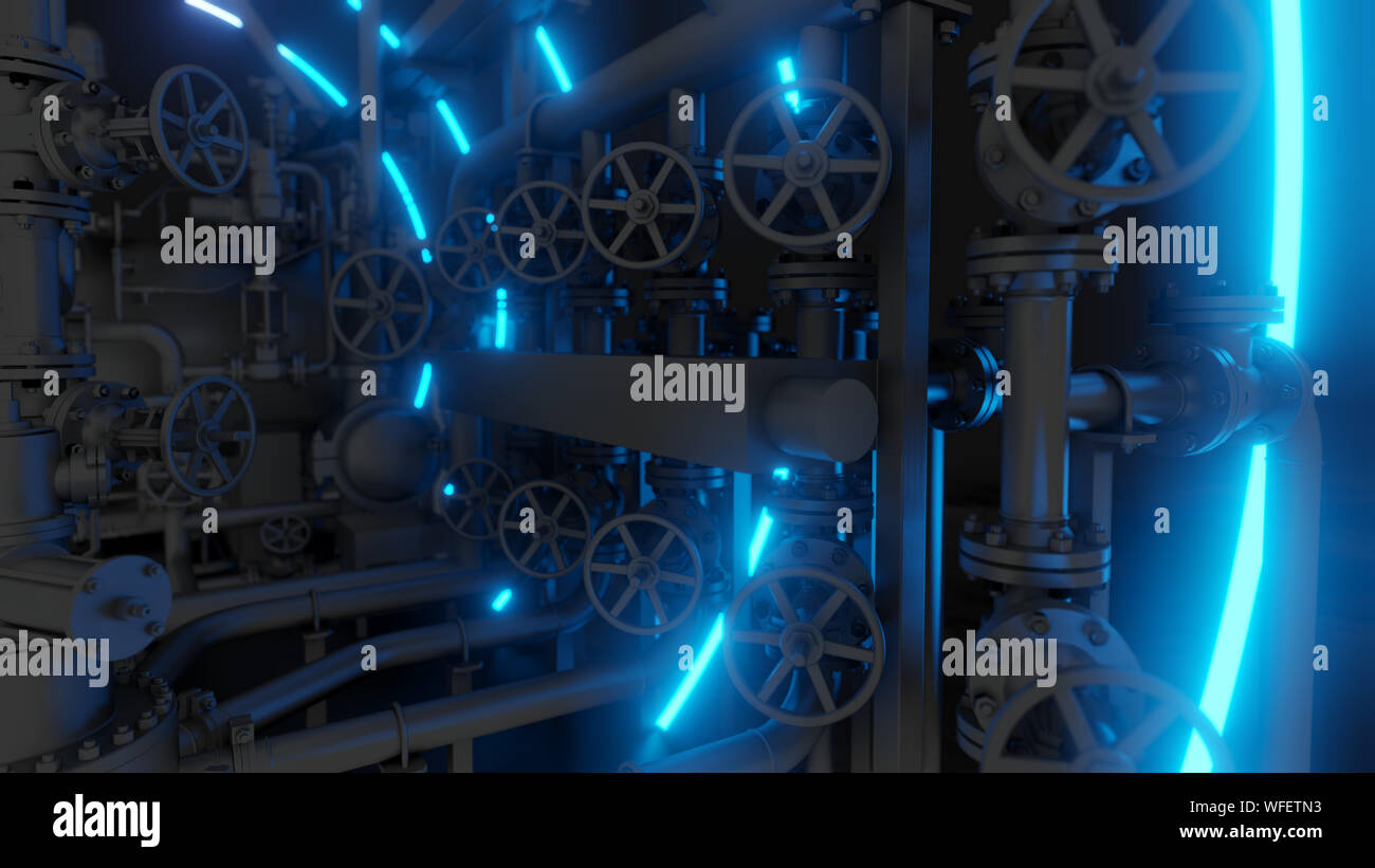 Abstract Industrial Equipment with Neon Lights. Ultraviolet light. 3D