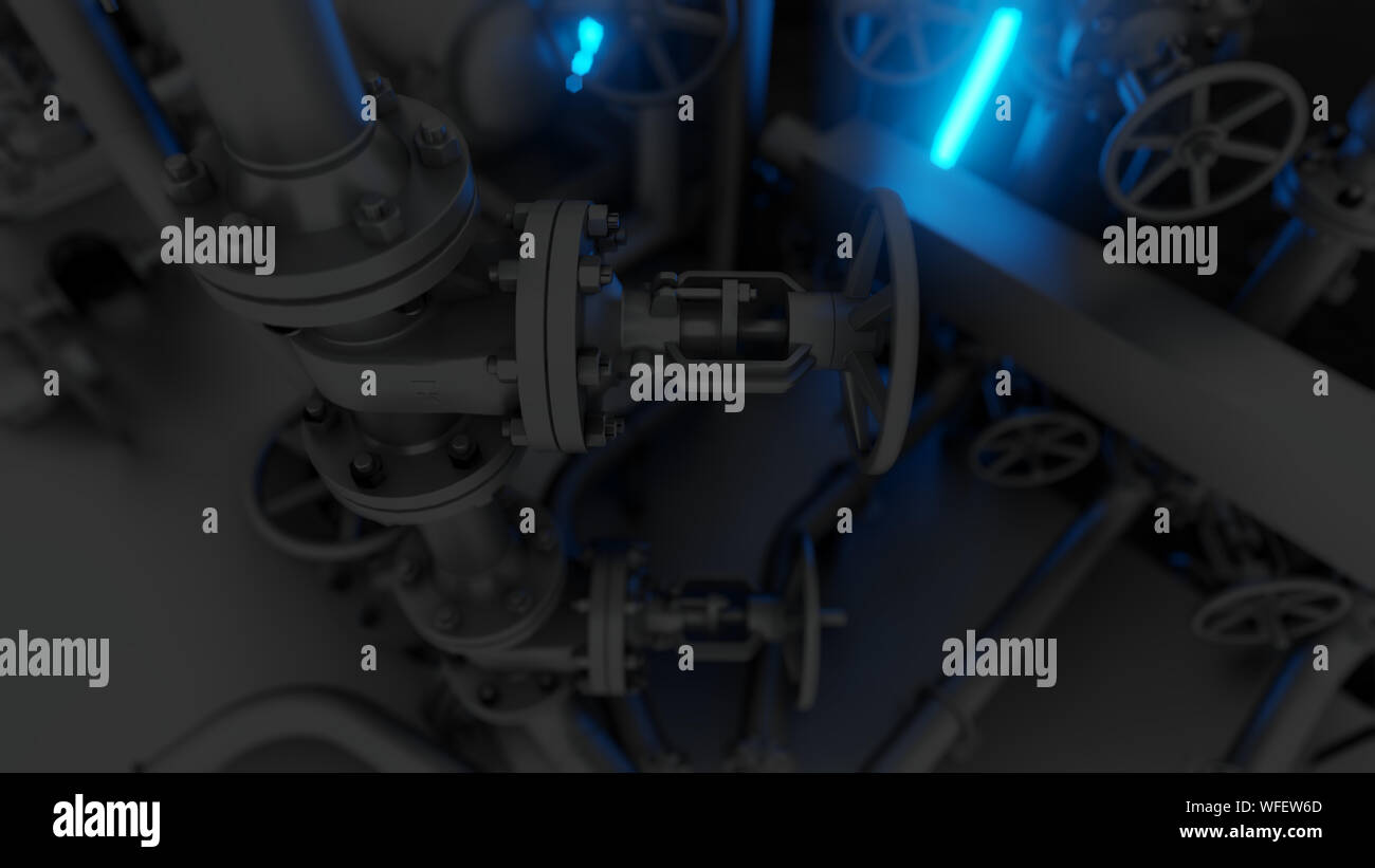 Abstract Industrial Equipment with Neon Lights. Ultraviolet light. 3D