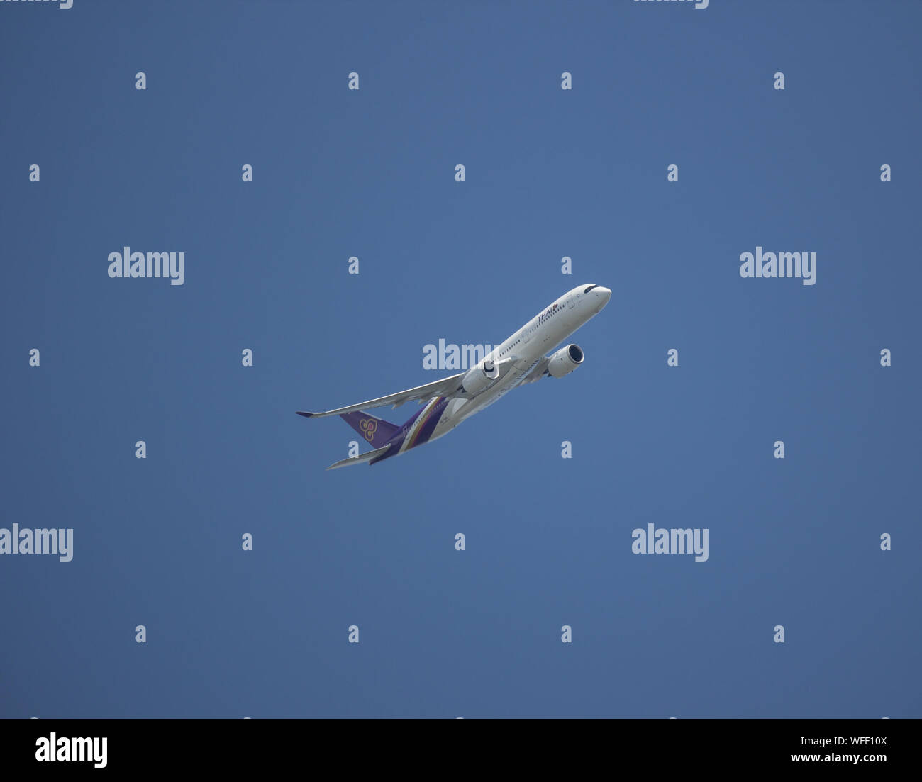 Chiangmai, Thailand - August 26 2019: HS-THG Airbus A350-900 of Thaiairway TG105. Take off from Chiangmai airport to Bangkok. Stock Photo