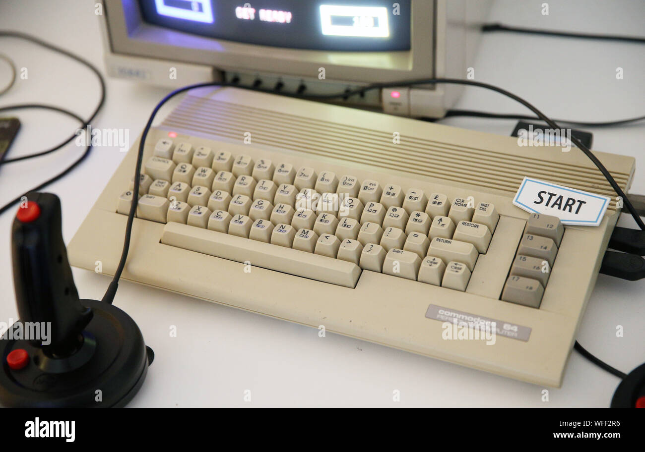 Wroclaw, Poland. 31st Aug, 2019. The company Retro Games has announced the return of the classic Commodore 64 computer. The C64 is a refreshed Commodore 64, which can be connected to a modern TV and play one of the 64 classic games included. The premiere of the C64 was announced for December 2019. The photo shows a former Commodore 64 computer in the Museum of Games and Computers in Wroclaw. Credit: Damian Klamka/ZUMA Wire/Alamy Live News Stock Photo