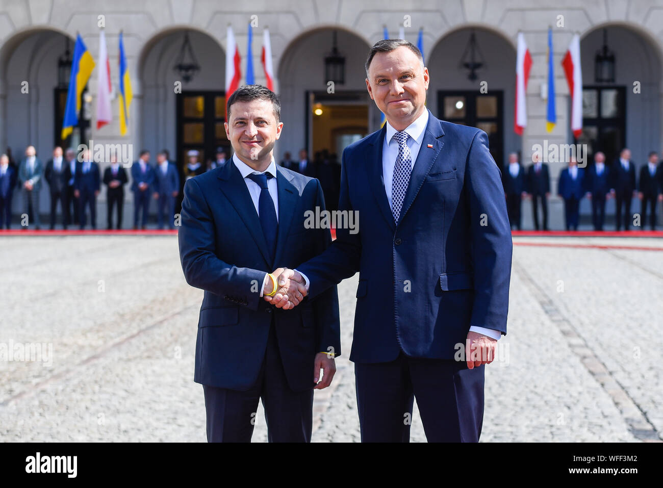 Warsaw, Poland. 31st Aug, 2019. President of Poland, Andrzej Duda and  President of Ukraine, Volodymyr Zelensky shake hands during a welcome  ceremony at the Presidential Palace. Volodymyr Zelensky arrives in Warsaw  ahead