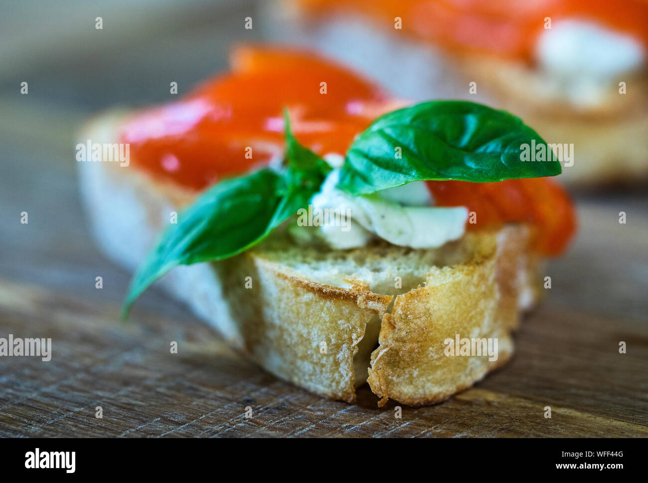 Close-up Of Bruschetta With Bell Pepper And Feta Cheese Stock Photo