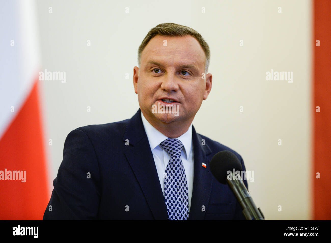 Warsaw, Poland. 31st Aug, 2019. President of Poland, Andrzej Duda speaks during a press conference after bilateral meetings at the Presidential Palace. Volodymyr Zelensky arrives in Warsaw ahead of the 80th anniversary of the outbreak of World War II where more than 40 international delegations will be present including Germany's Chancellor, Angela Merkel, and US Vice President, Mike Pence. Credit: SOPA Images Limited/Alamy Live News Stock Photo