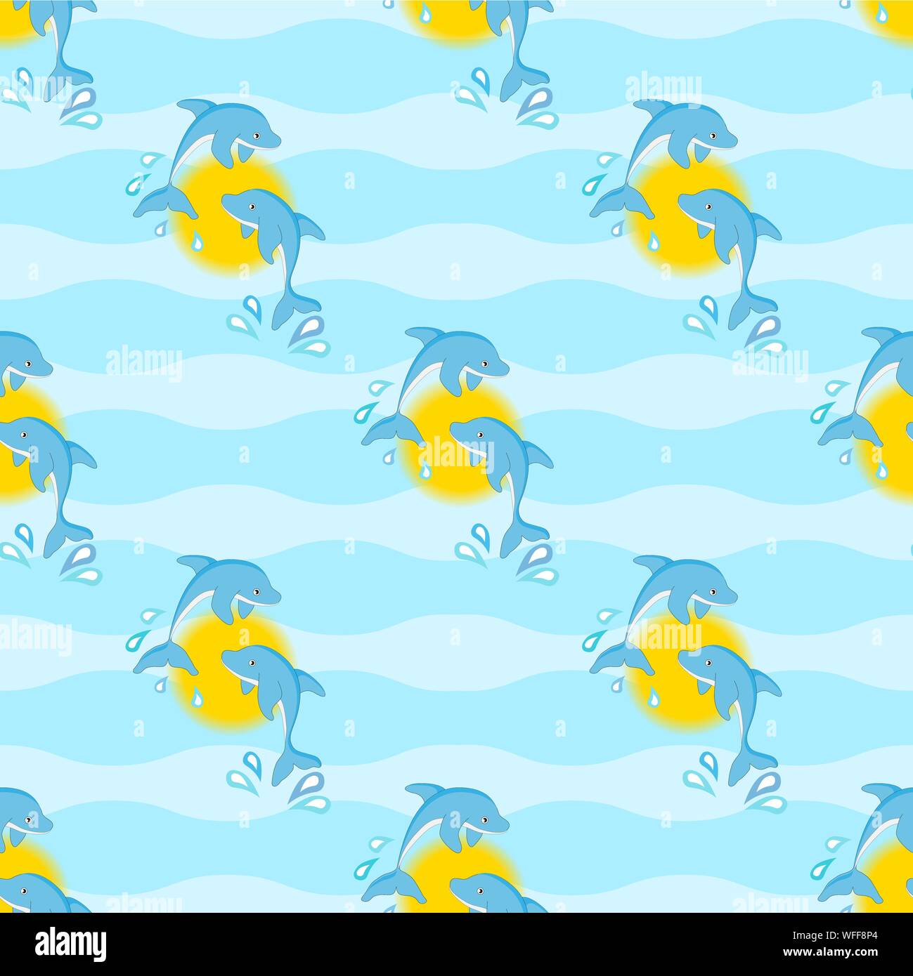 Leaping dolphins against the sun, in a seamless pattern against a wave background. EPS10 vector format Stock Vector