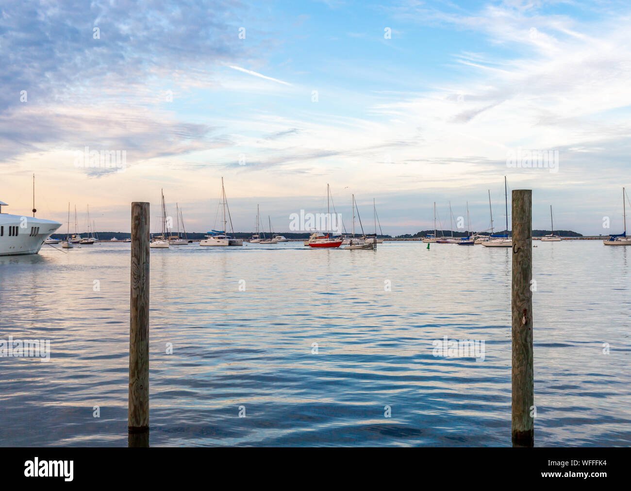 Boats on moorings in Sag Harbor, NY Stock Photo