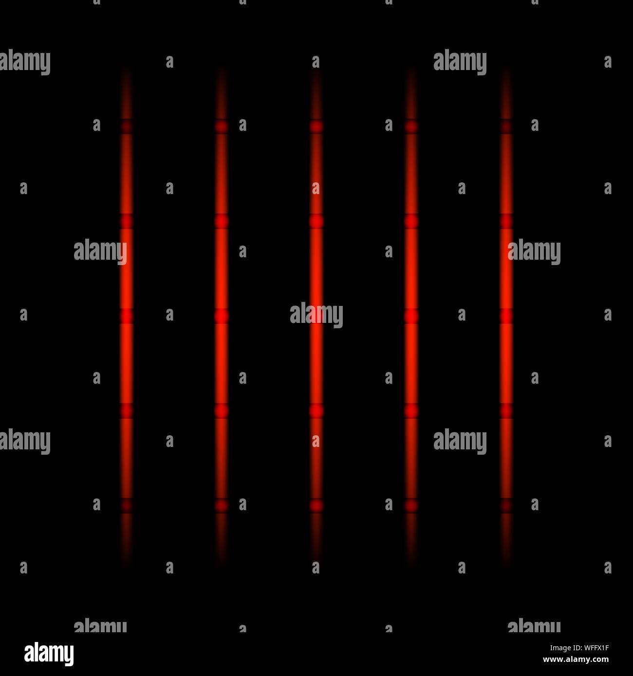 3d red fading neon light elements, vertical lines and dots on black background. Futuristic