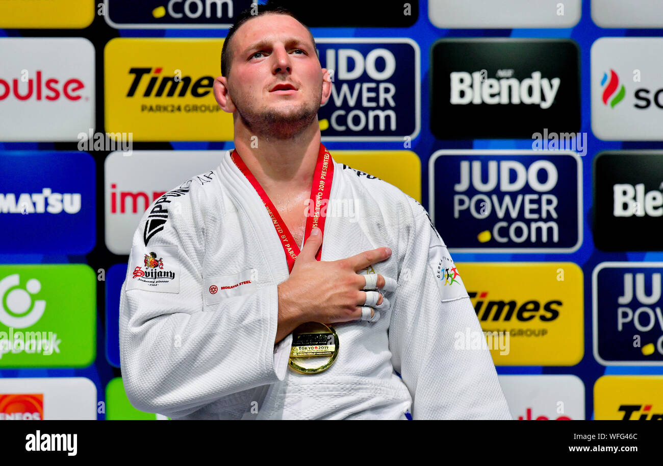 Tokyo Japan 31st Aug 2019 Czech Heavyweight Judoka Lukas Krpalek Celebrates A Victory And Shows Gold Medal After The Men S 100 Category Match Against Japanese Hisayoshi Harasawa At The World Judo Championships