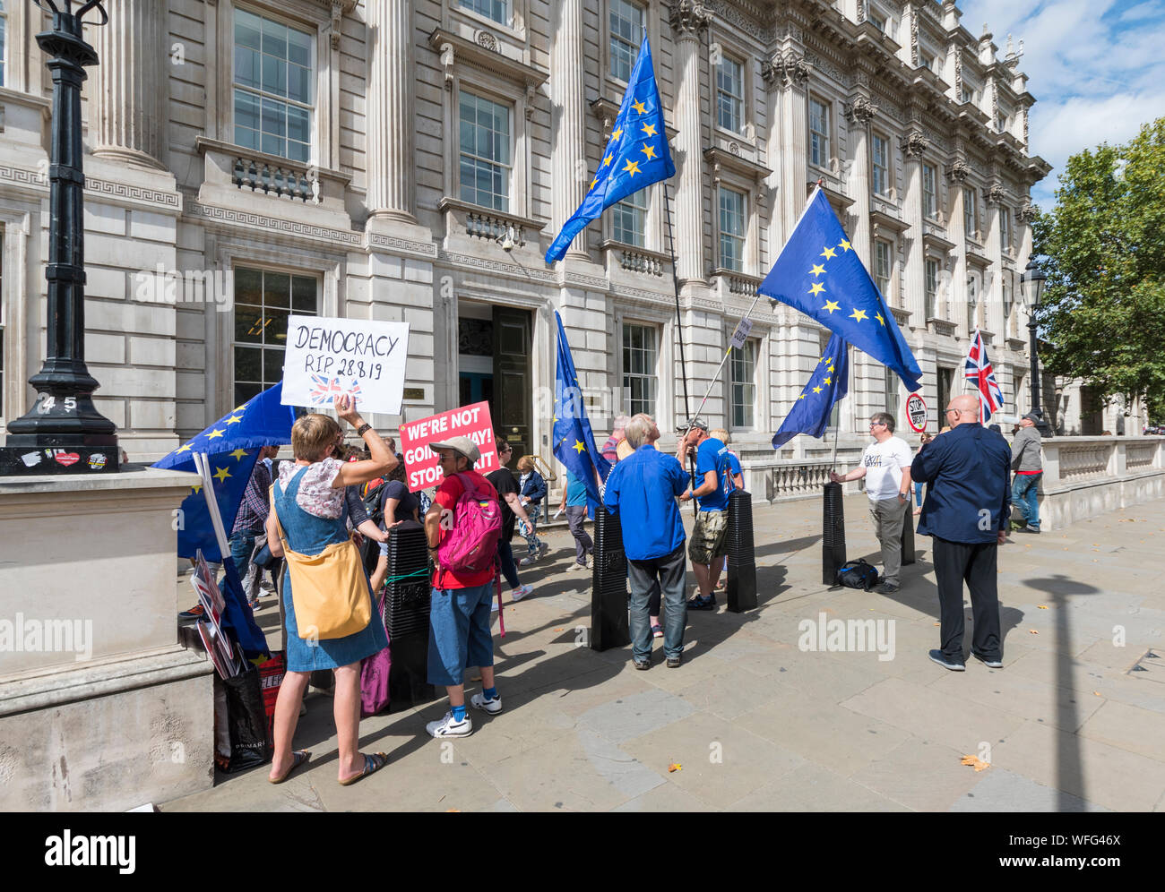 Anti Brexit EU Remainers protesting outside the Cabinet Office at Whitehall in London on 30th August 2019. Brexit protest London. Stock Photo
