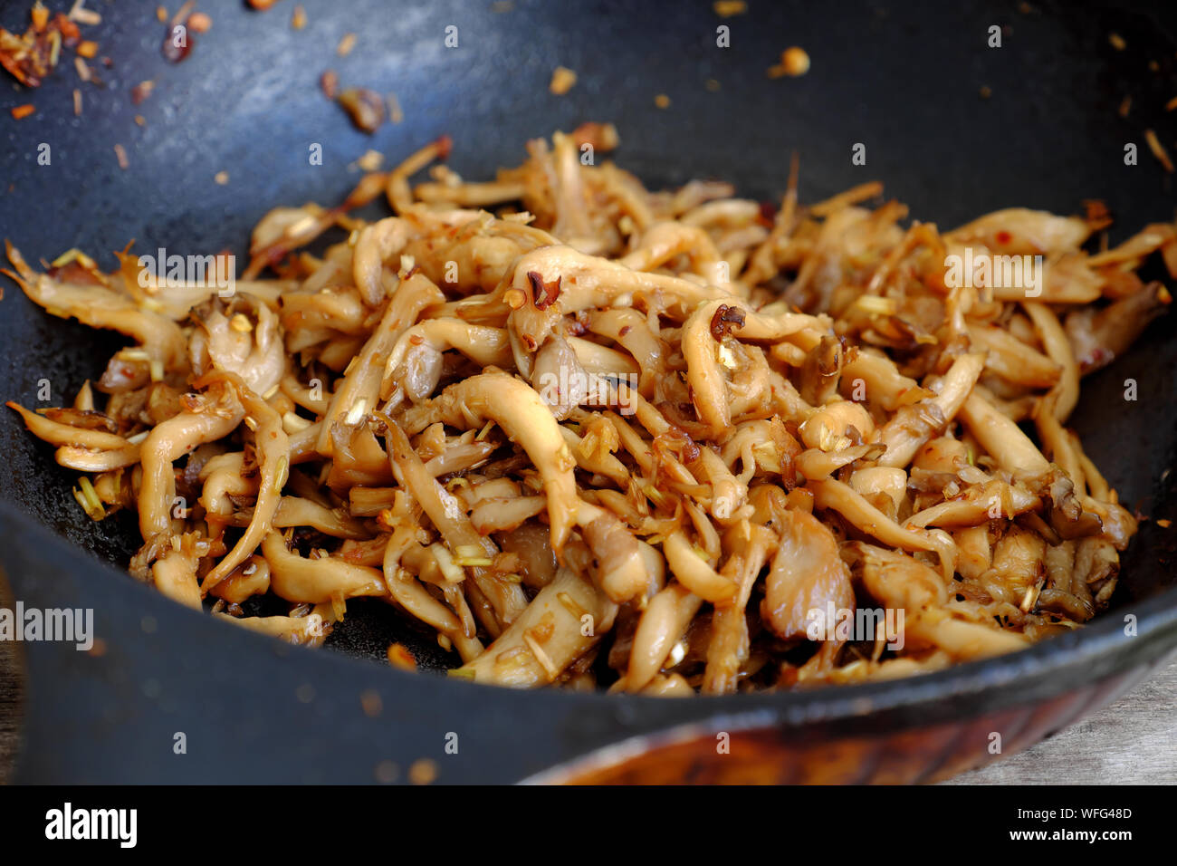 Vietnamese vegan food, abalone mushroom fry with lemongrass chopped
