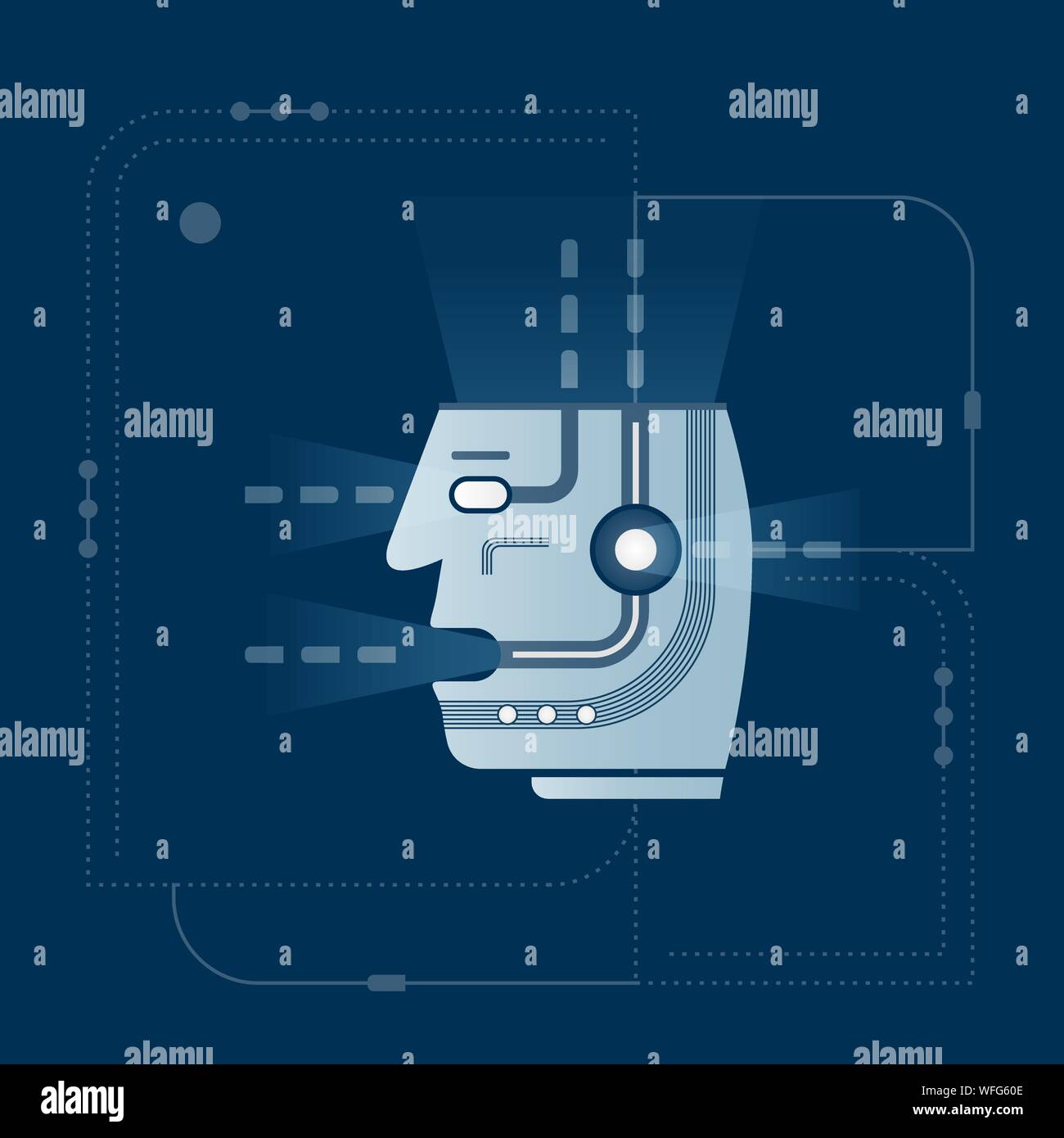 Artificial mind inside head processes information. Bot getting data and analyze. AI, machine learning, deep learning or data cycle design concept. Vec Stock Vector
