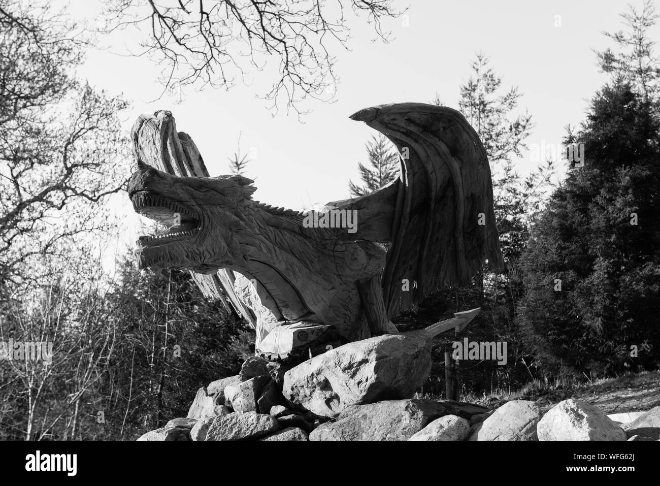 Simon O'Rouke's carving of a dragon from a fallen tree by the main A5 road from London to Holyhead Stock Photo