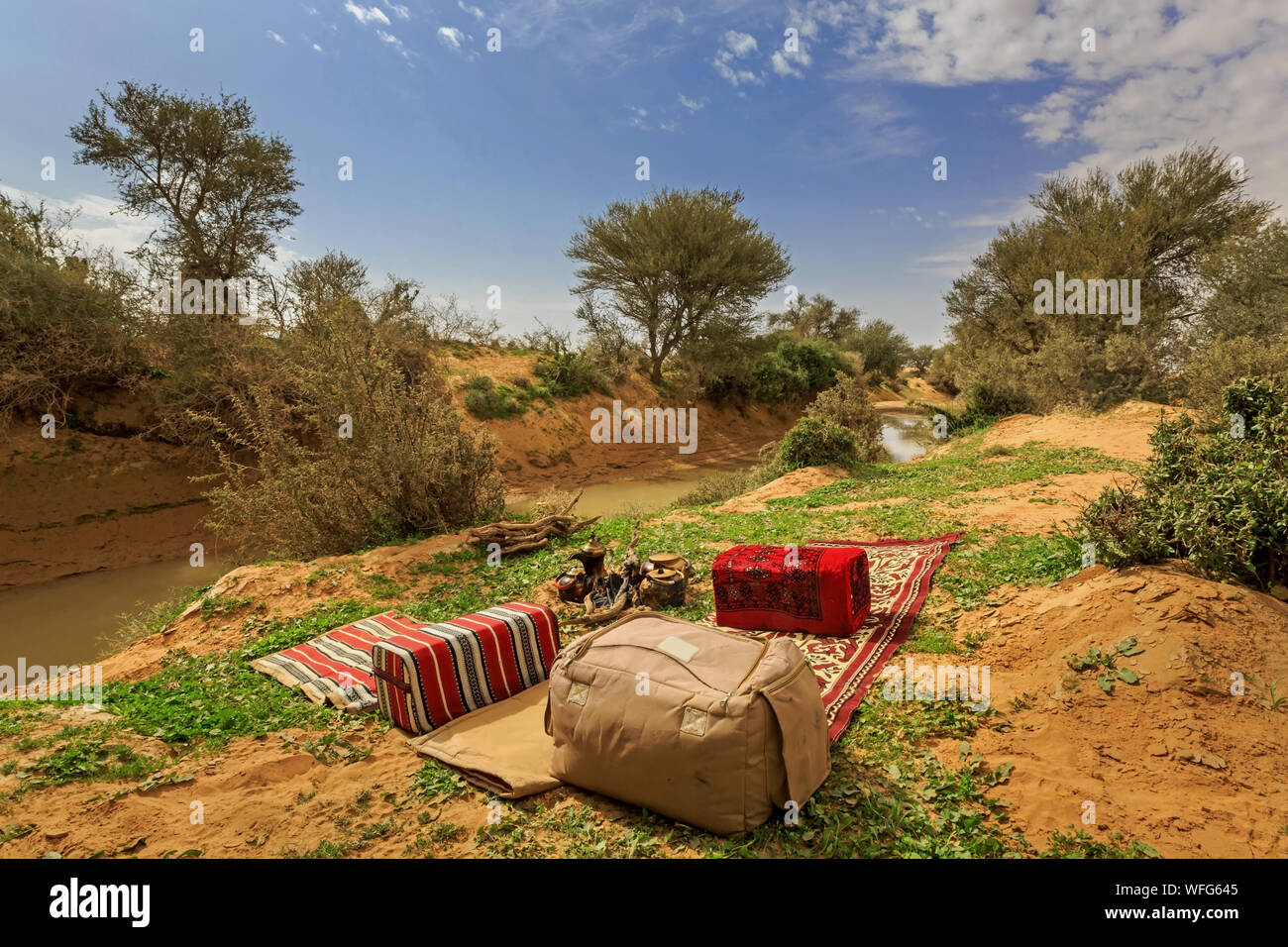 Desert camp by a river, Riyadh, Saudi Arabia Stock Photo