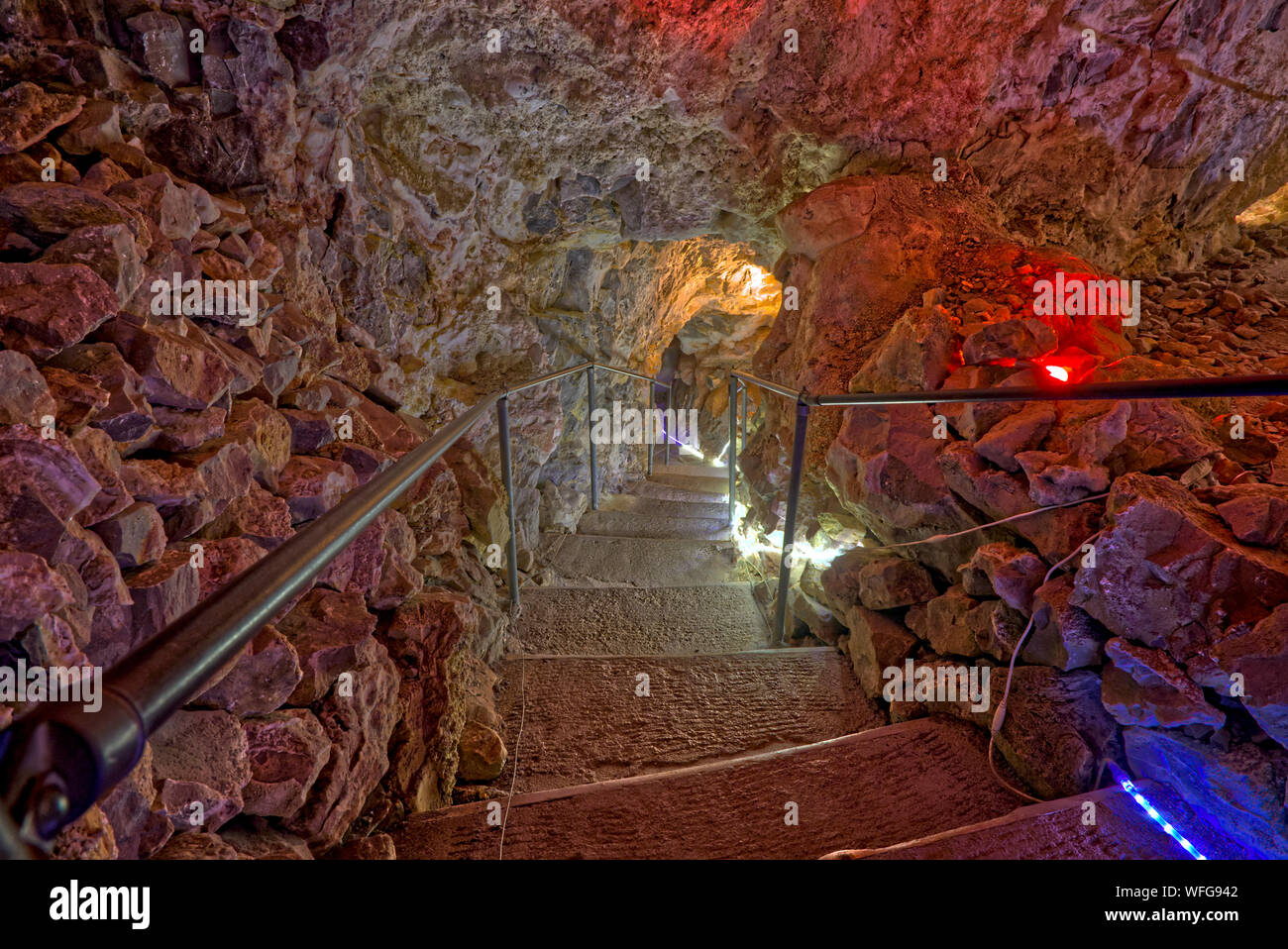 Stairway down into the Grand Canyon Caverns, Peach Springs, Mile Marker 115, Arizona, United States Stock Photo