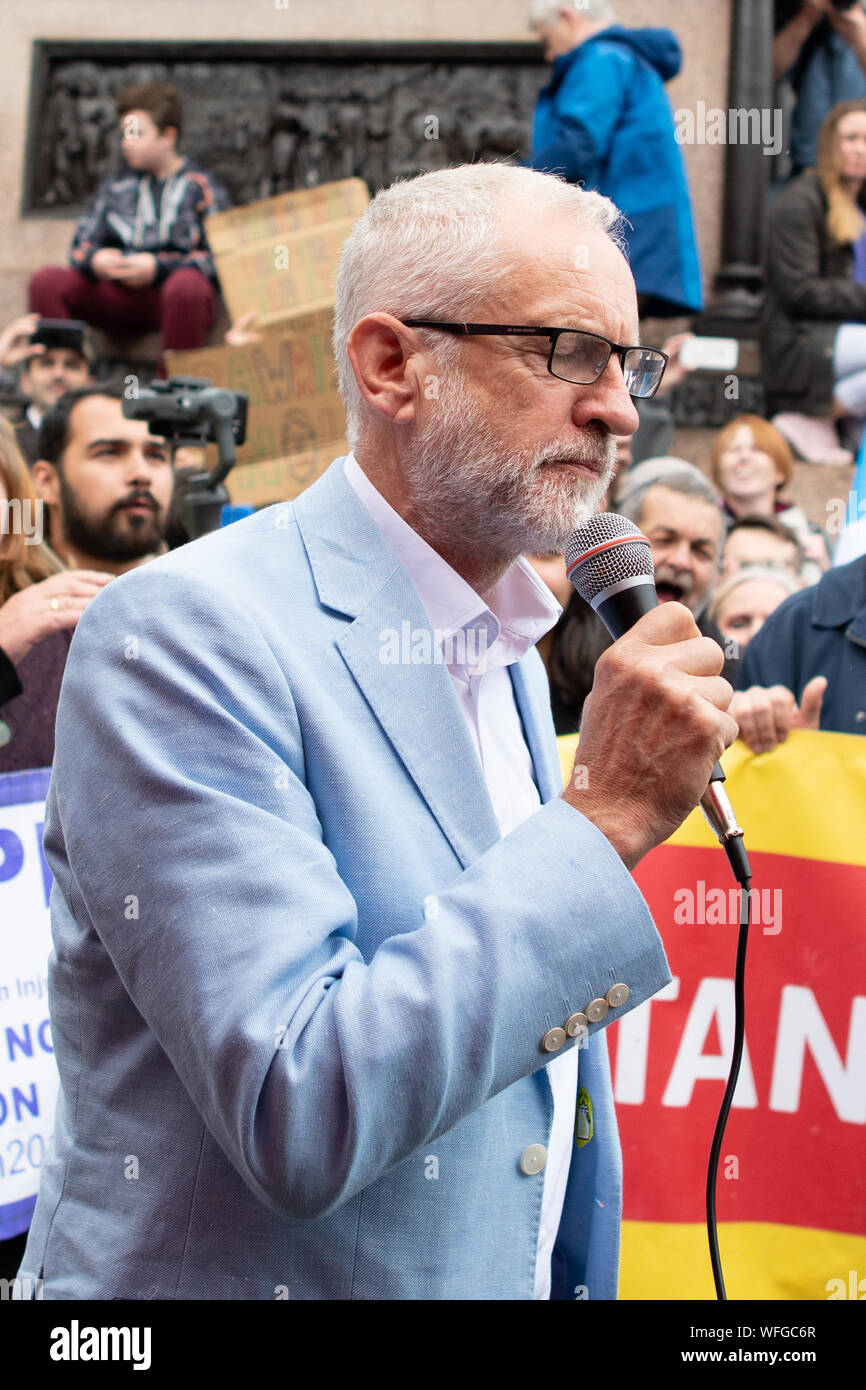 Glasgow, Scotland, UK - 31 August 2019: Jeremy Corbyn speaking at the Stop The Coup, defend democracy protest in George Square, Glasgow. The protest is part of planned wave of protests across the country to oppose Boris Johnson's plan to suspend the UK Parliament Stock Photo