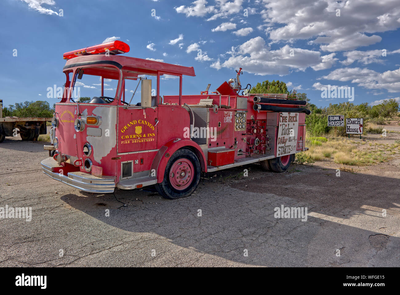 Old Fire Truck outside Grand Canyon Caverns, Peach Springs, Mile Marker 115, Arizona, United States Stock Photo