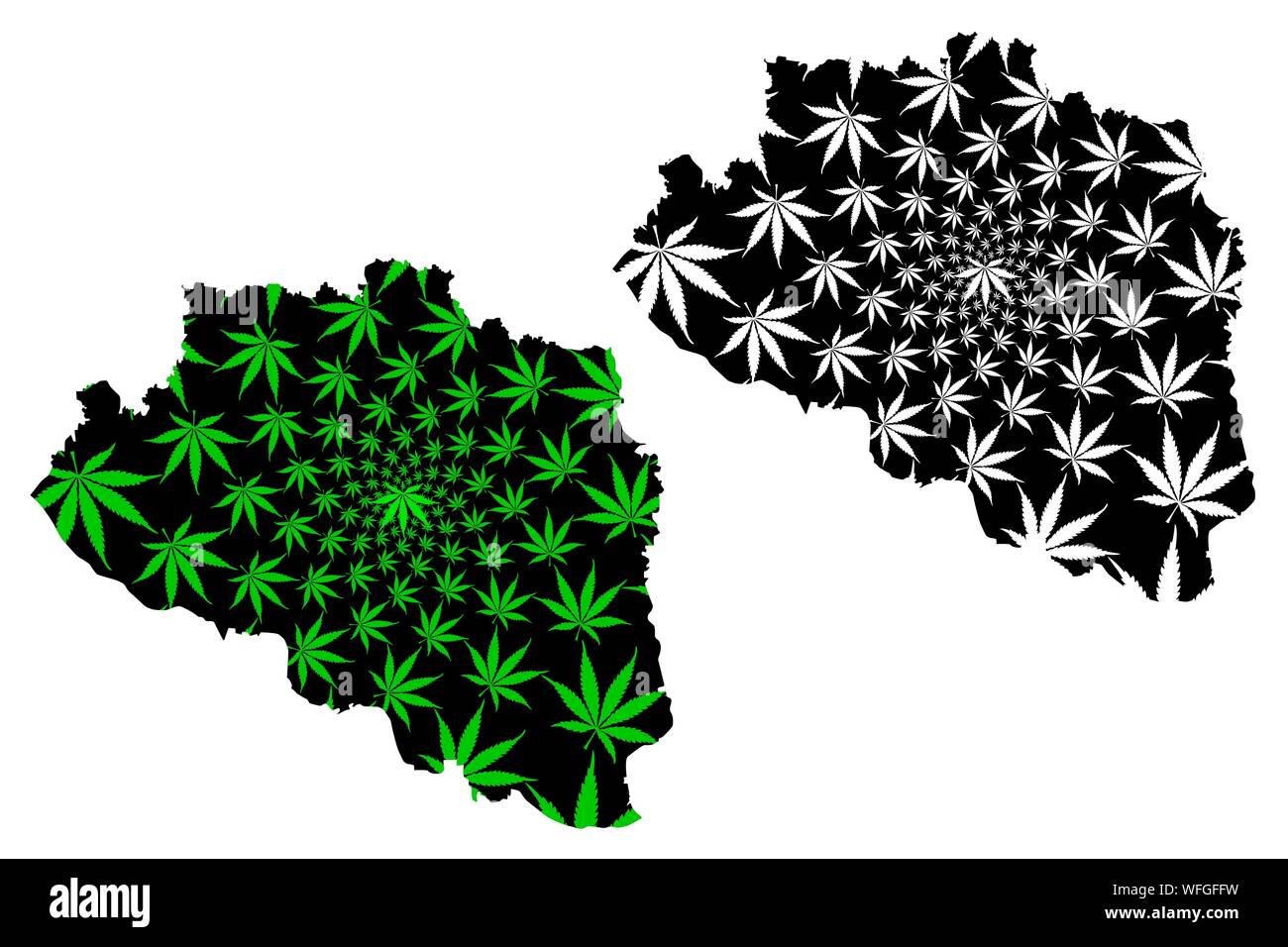 Rajshahi Division (Administrative Divisions of Bangladesh) map is designed cannabis leaf green and black, Rajshahi map made of marijuana (marihuana,TH Stock Vector