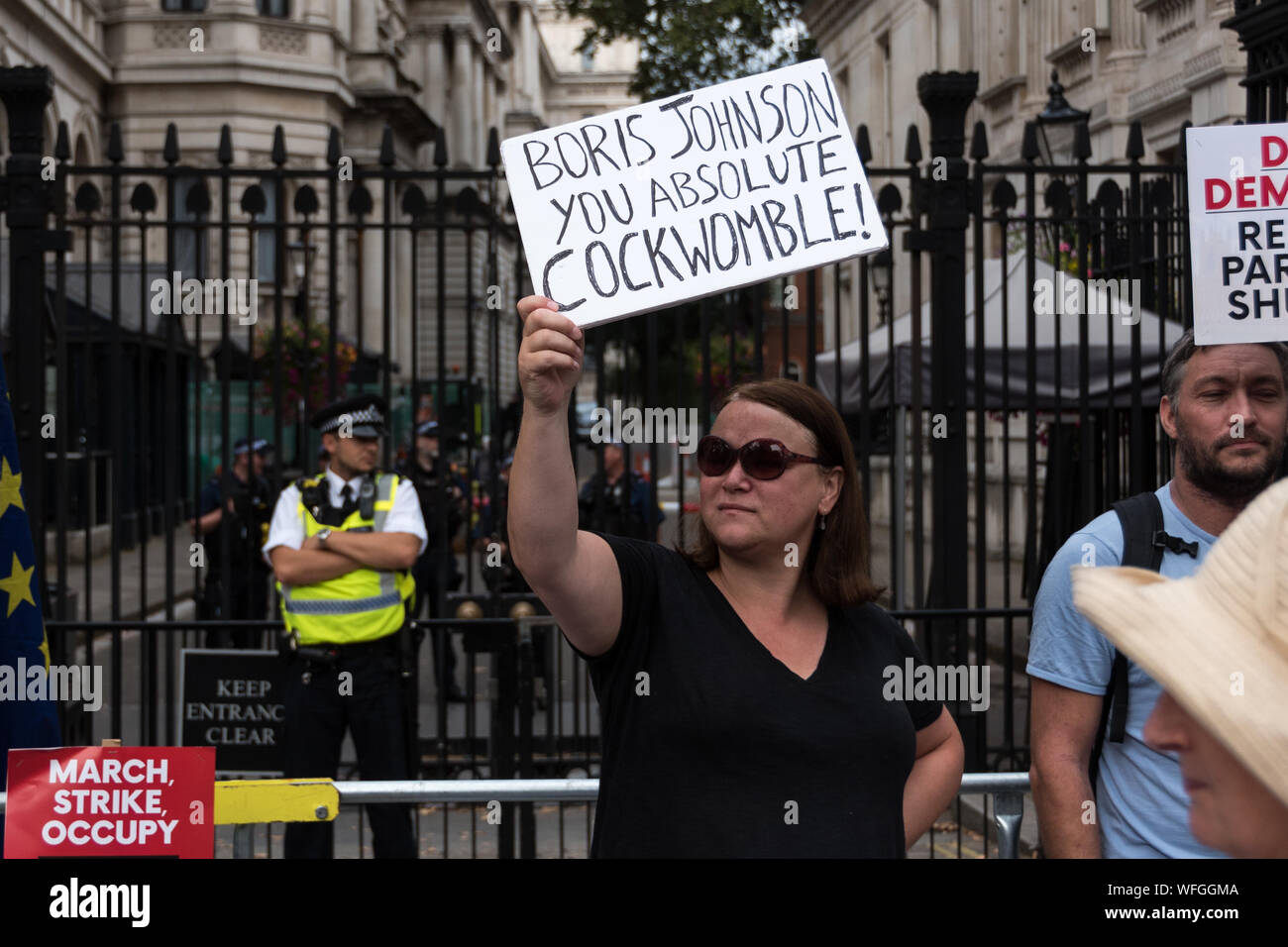 Anti Boris Johnson demonstration in front of Downing Street No 10, 31st Aug 2019, London UK Stock Photo