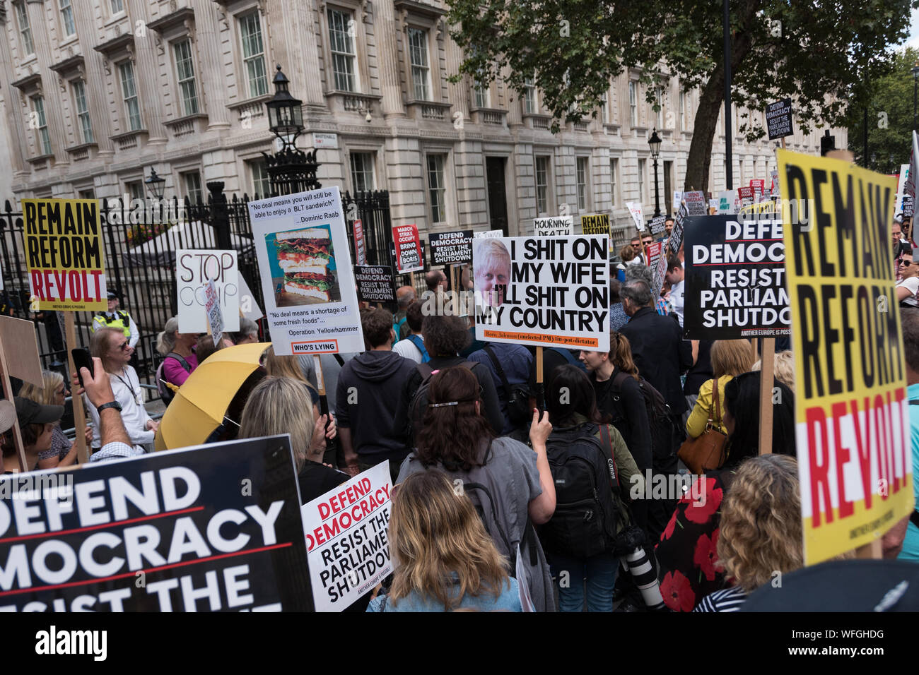 Anti Boris Johnson demonstration in front of Downing Street No 10, 31st Aug 2019, London UK Stock Photo