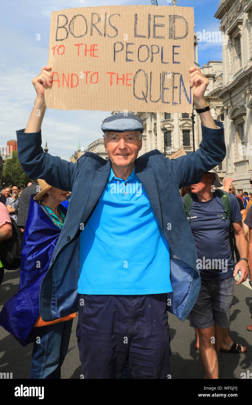 London, 31st Aug 2019. Protesters with flags and banners assemble and demonstrate along Whitehall in Westminster, shouting 'Stop the Coup', against the planned prorogation of Parliament by the government in September. They later march through Westminster and along the Strand. Credit: Imageplotter/Alamy Live News Stock Photo