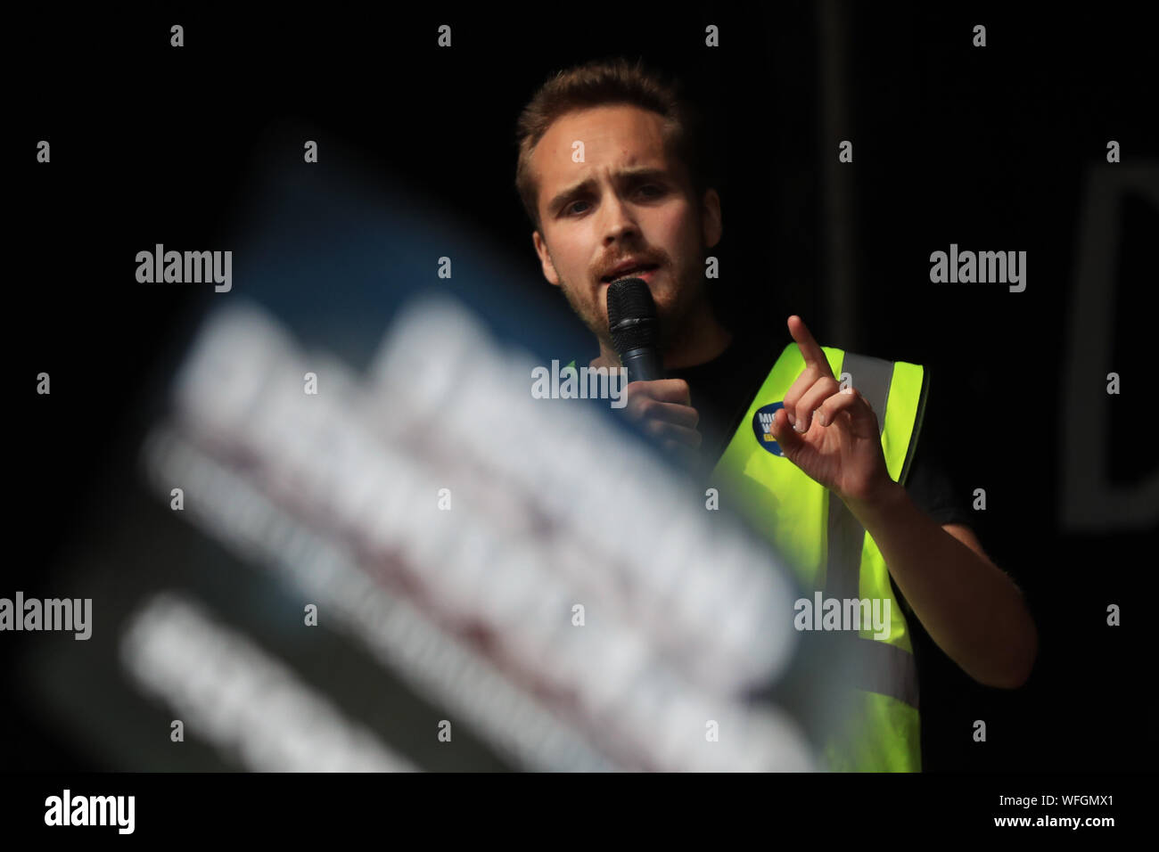 Organiser Michael Chessum Addressing Protesters Taking Part In The Let Us Vote Day Of Action Organised By Another Europe Is Possible Campaign Group In Central London To Demonstrate Against Prime Minister Boris Organiser Michael Chessum Addressing Protesters Taking Part In The Let Us Vote Day Of Action Organised By Another Europe Is Possible Campaign Group In Central London To Demonstrate Against Prime Minister Boris