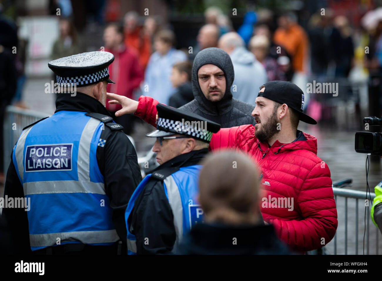 Manchester, UK. 31 August, 2019. A counter-demonstration disrupted the Stop The Coup protest as a small number of Pro-Brexit supporters voiced their opinion about Boris Johnsons decision to suspend parliament. Andy Barton/Alamy Live News Stock Photo