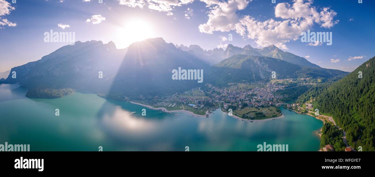 Aerial view of Molveno lake, Molveno, Trentino, Trento, Italy Stock Photo