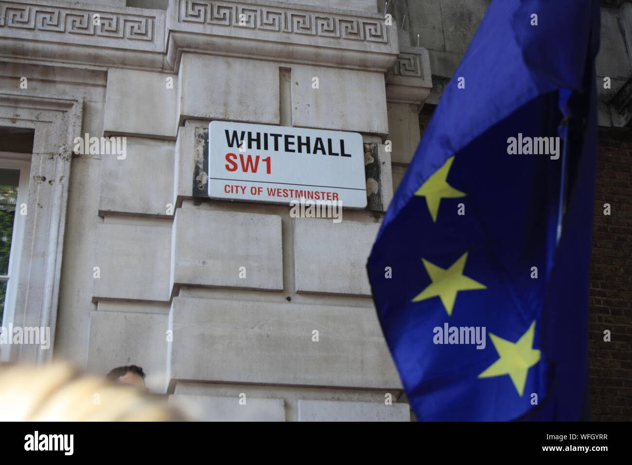 London, UK, 31st August, 2019. Protesters gather outside Downing Street to protest against the prorogation of Parliament by Prime Minister Boris Johnson, London, UK. Credit: Helen Garvey/Alamy Live News Stock Photo