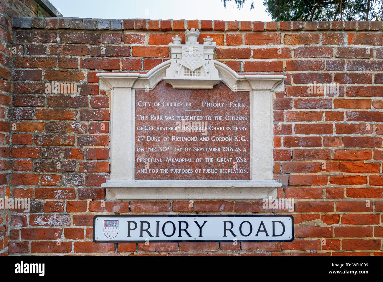 Inscription at Priory Park, dedicated as a memorial to the Great War in Chichester, a city in and county town of West Sussex, south coast England, UK Stock Photo