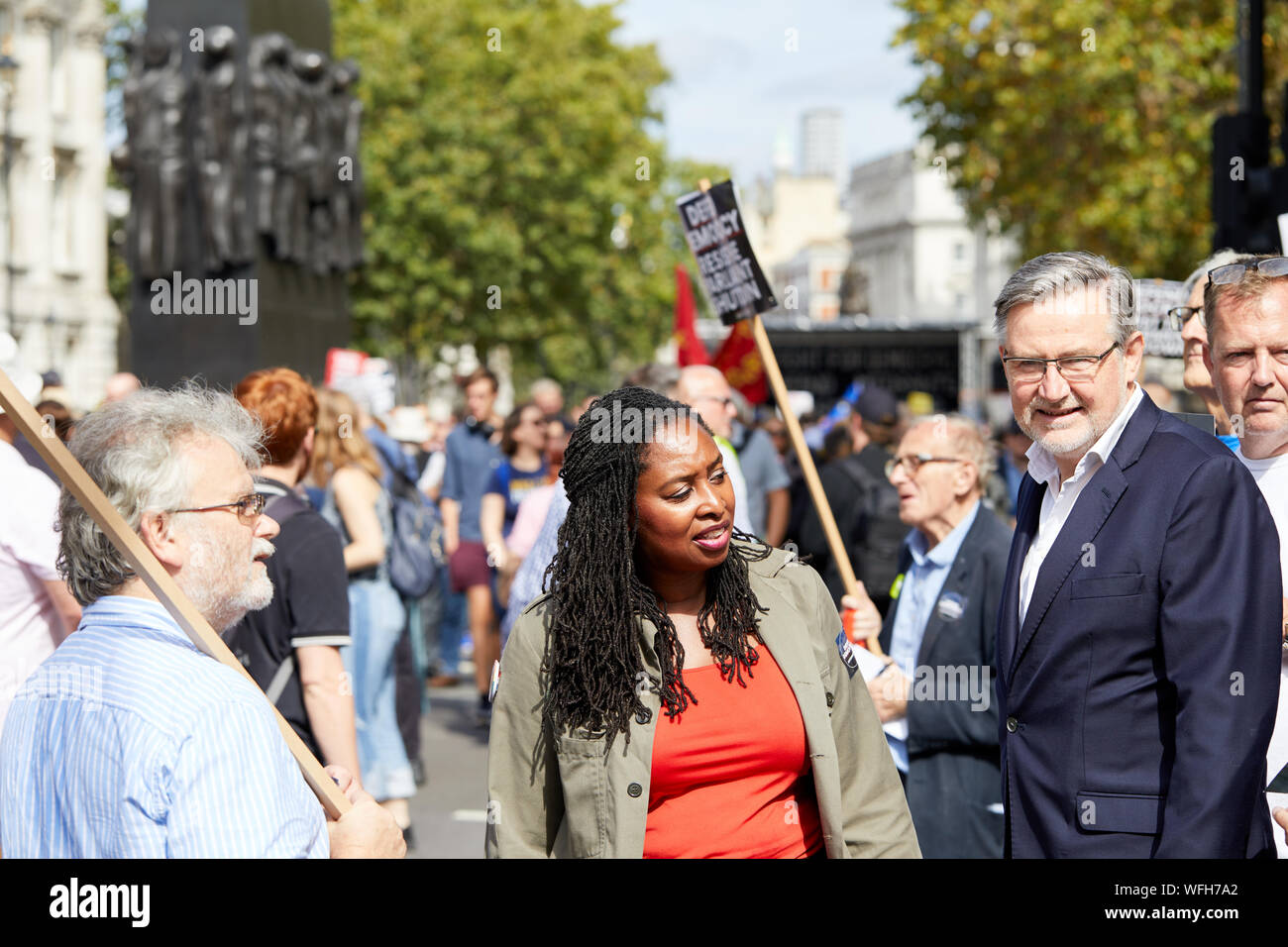 London, U.K. - August 31, 2019: Labour MP's Dawn Butler and Barry Gardiner join protestors outside Downing Street. Stock Photo
