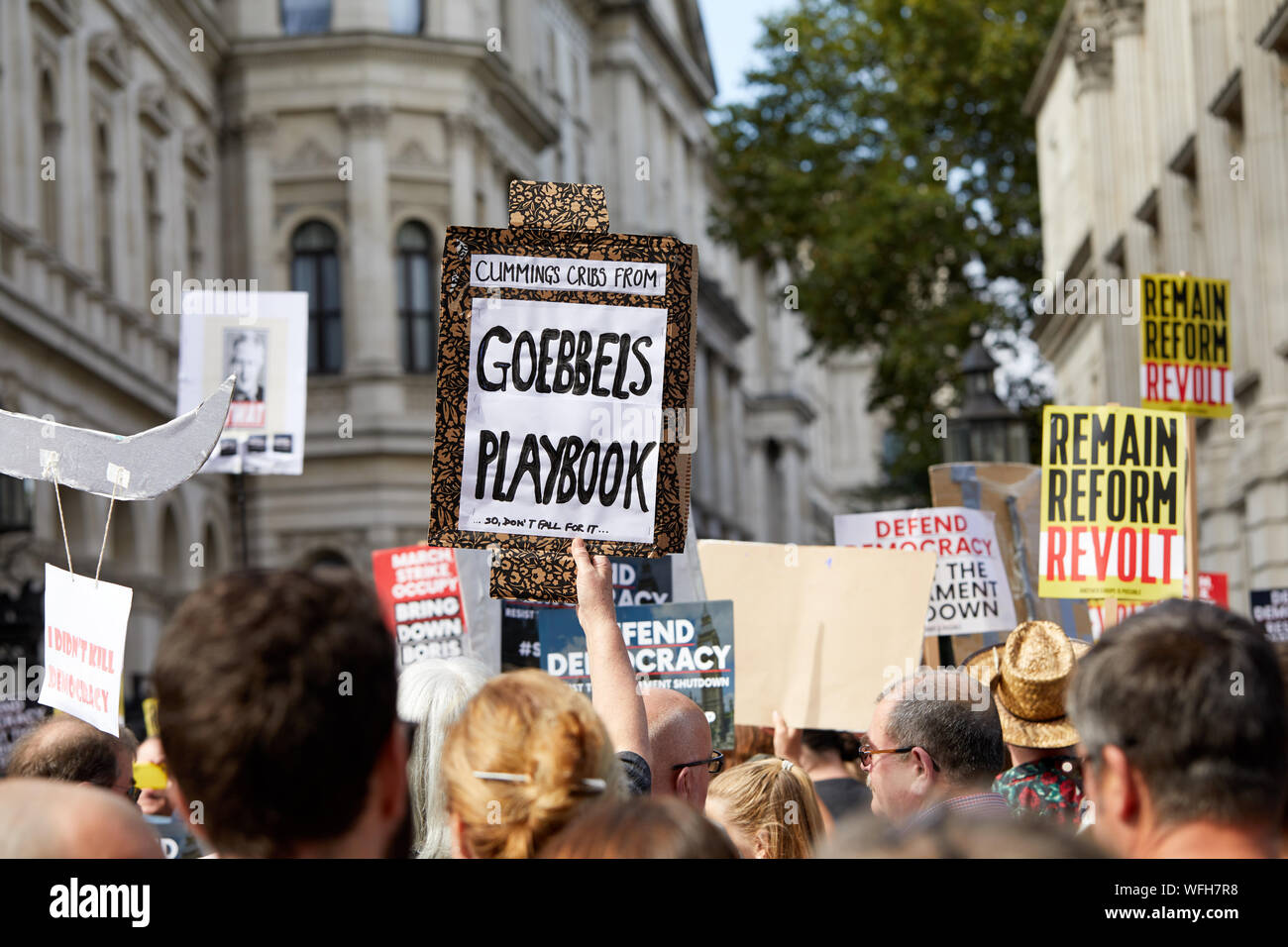 London, U.K. - August 31, 2019: Protestors outside Downing Street against Boris Johnson's decision to suspend Parliament in the run-up to Brexit. Stock Photo