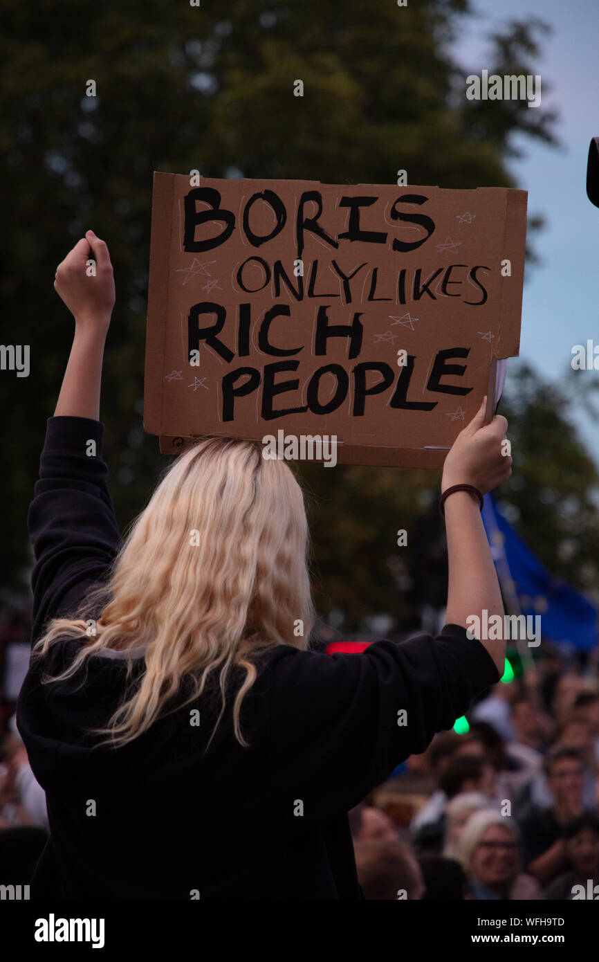 London, UK. 28th August 2019. One of the many demonstrators seen carrying a board as anti-Brexit protesters take to the streets of central London. Credit: Joe Kuis / Alamy News Stock Photo