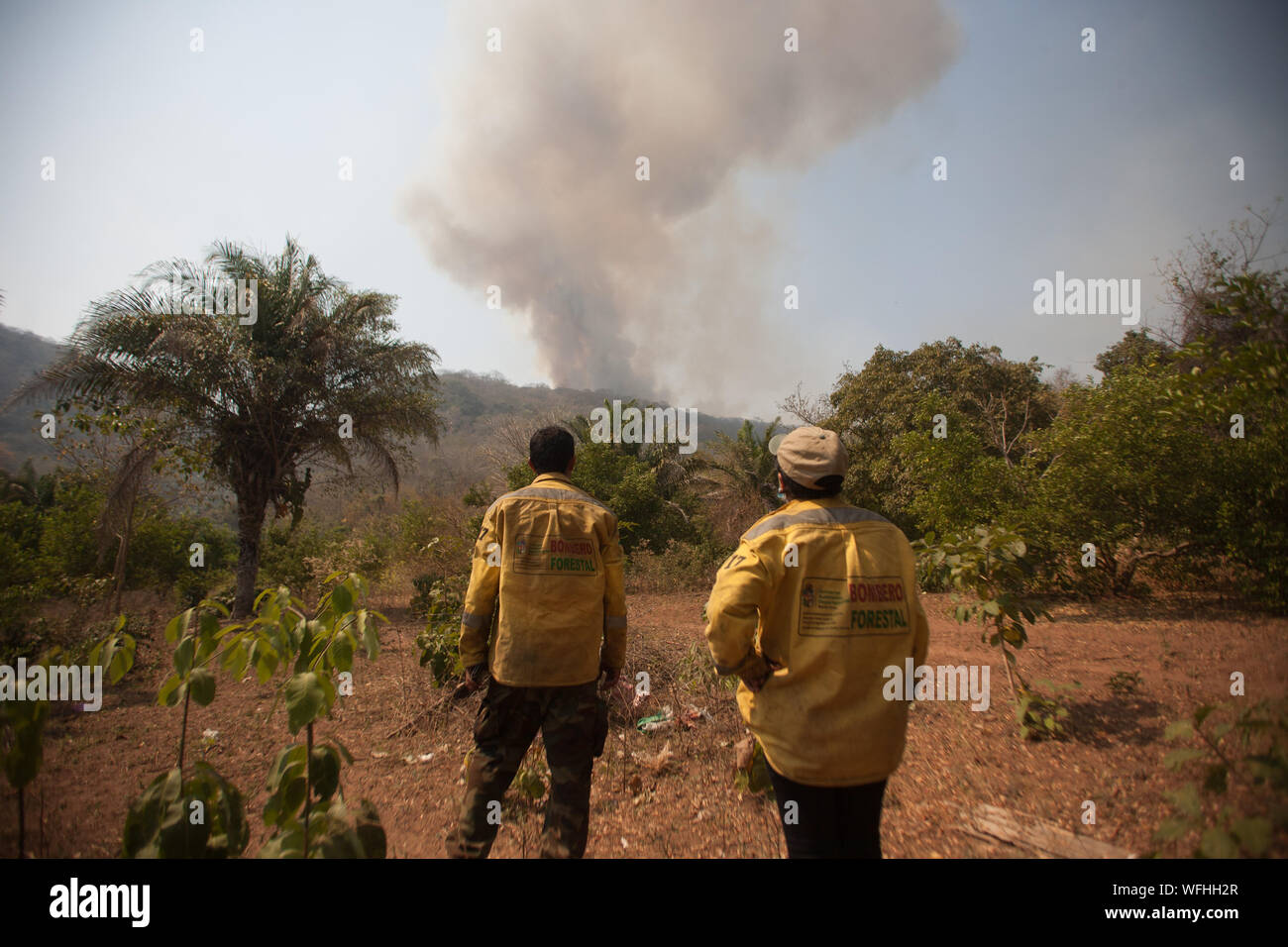 SUCRE, OP - 24.08.2019: LAND BURNED BY FIRES IN BOLIVIA - Volunteer bomber miraculous humareda caused by the fire in Robore. (Photo: Gaston Brito/Fotoarena) Credit: Foto Arena LTDA/Alamy Live News Credit: Foto Arena LTDA/Alamy Live News Credit: Foto Arena LTDA/Alamy Live News Stock Photo