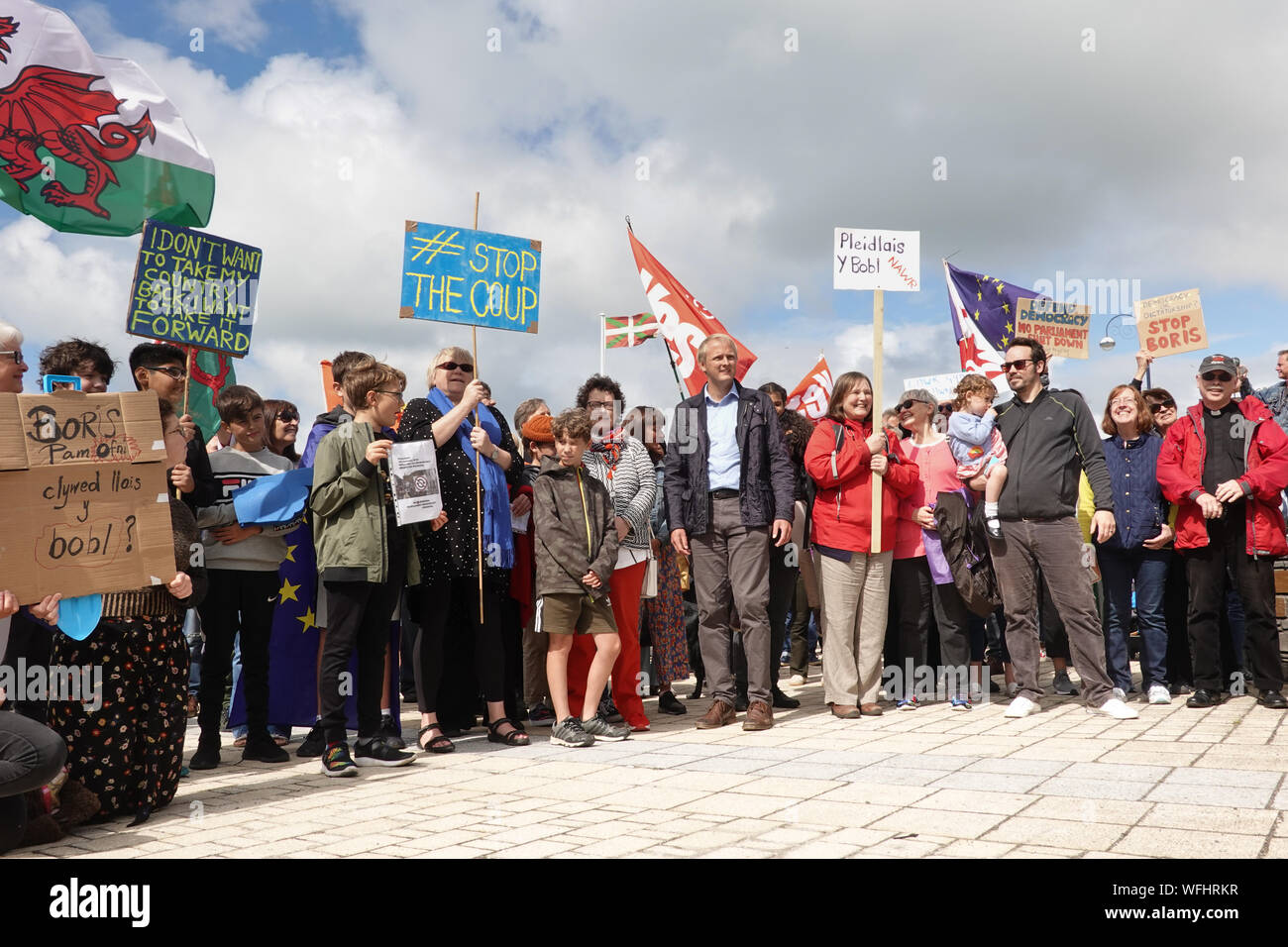 31 August 2019. 'Stop the Coup' protest rally at Aberystwyth, Ceredigion. t is estimated that 2500 people attended the protest. Credit: atgof.co/Alamy Live News Stock Photo