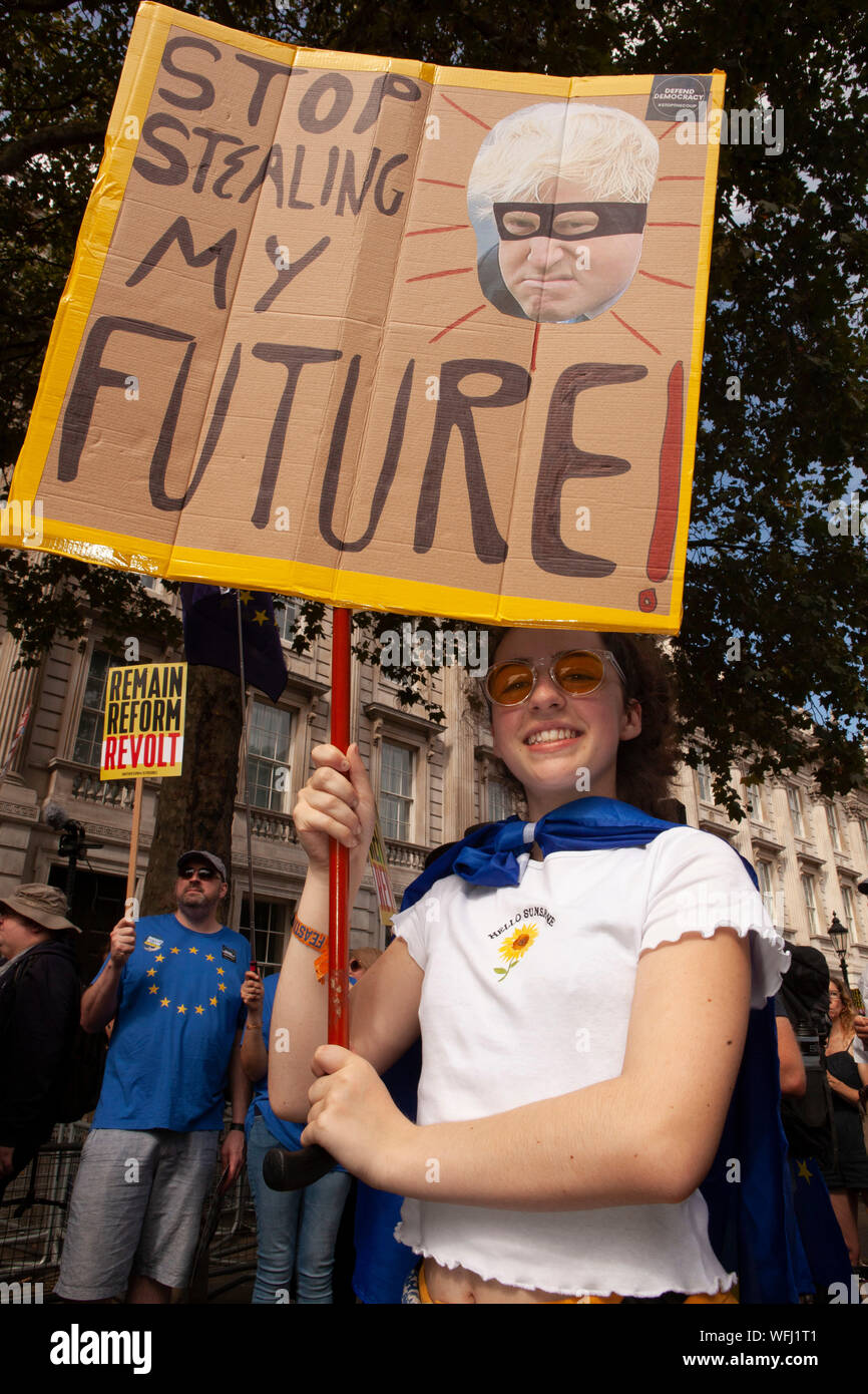 Tens of thousands of pro-democracy protestors turned out at Downing Street, filling Whitehall from Parliament Square to Trafalgar Square, to protest against the planned prorogation of Parliament and a possible No-Deal Brexit. Stock Photo