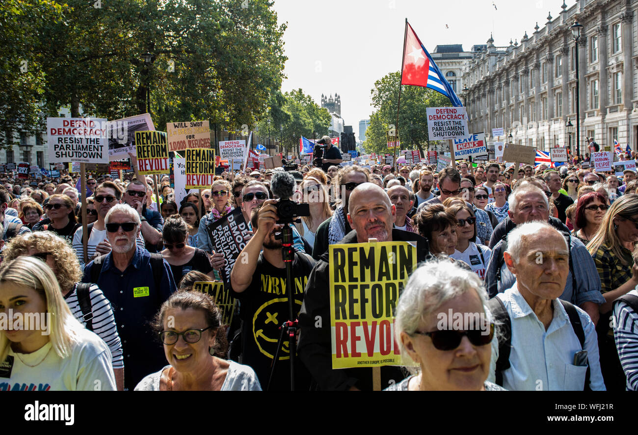 Thousands of protesters at ‘Stop the Coup, Defend Democracy’ protest outside Downing Street, Central London, UK, 31 August 2019 Stock Photo